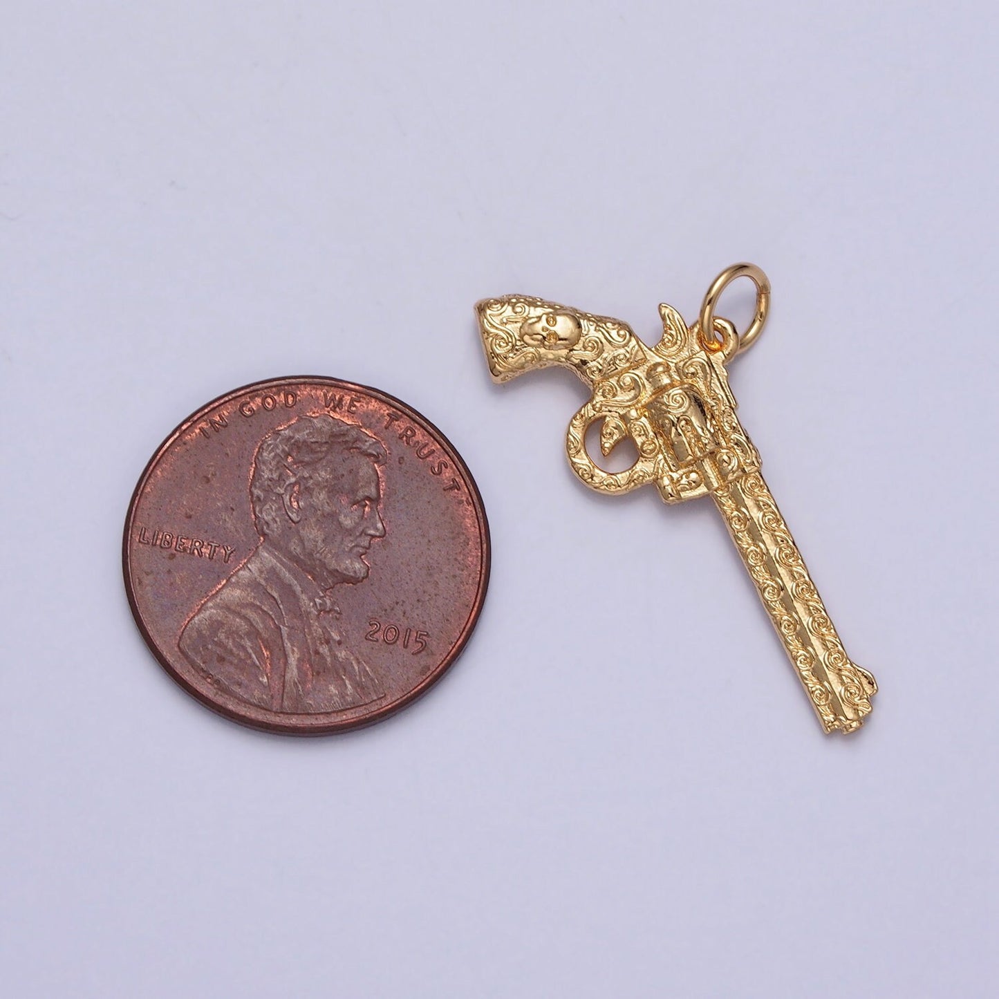 Revolver Pistol Gun w. Wave Curls Patterns Pendant 24K Gold Plated Gun Charm, Necklace Bracelet Charm Pendant | X-142