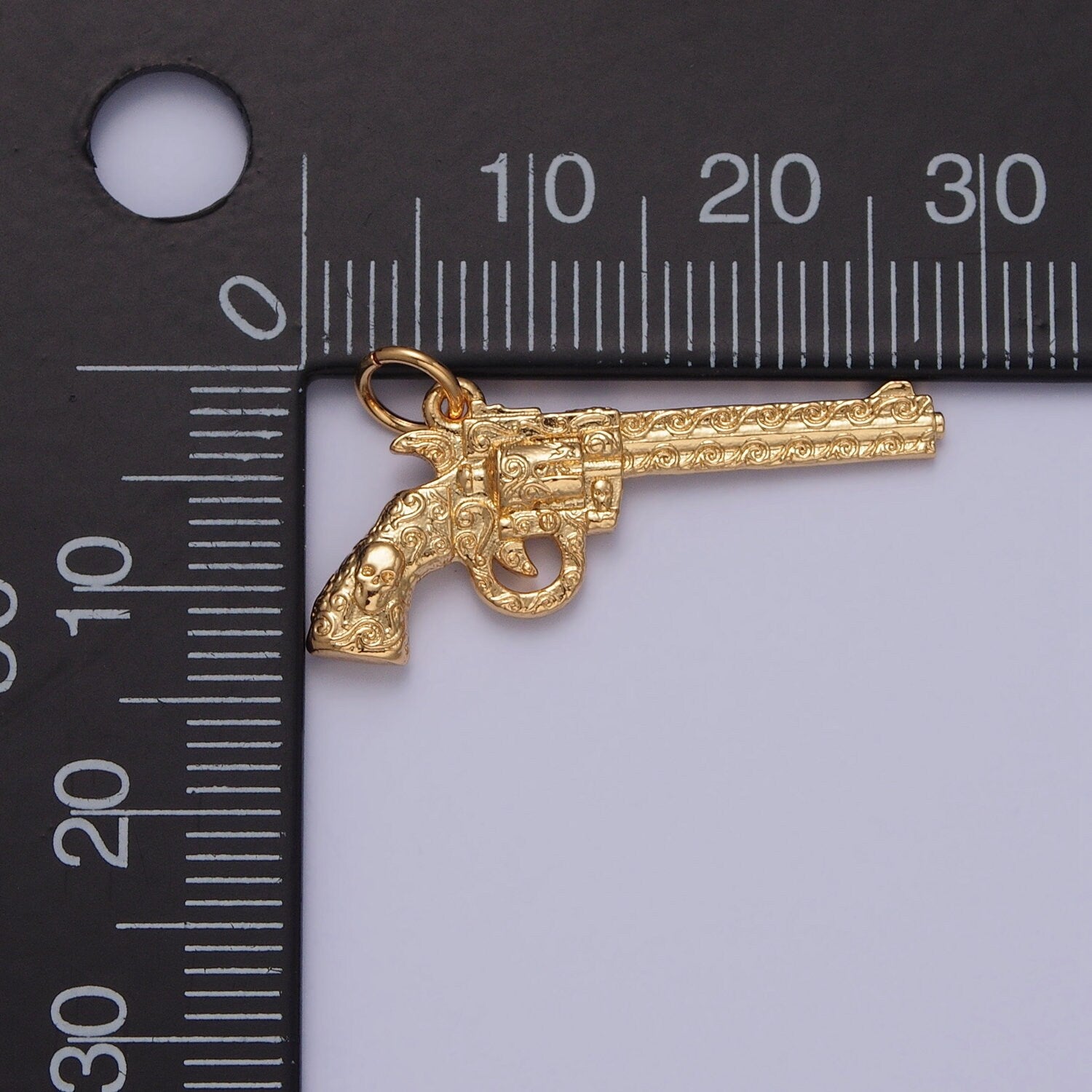 Revolver Pistol Gun w. Wave Curls Patterns Pendant 24K Gold Plated Gun Charm, Necklace Bracelet Charm Pendant | X-142