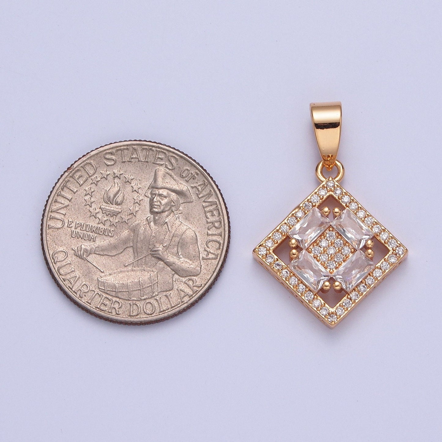 18K Gold Plated Rhombus Diamond Micro Pave CZ Baguette Stones Pendant, Dainty Micro Pave Diamond Charm for Necklace Bracelet Earring | X-352