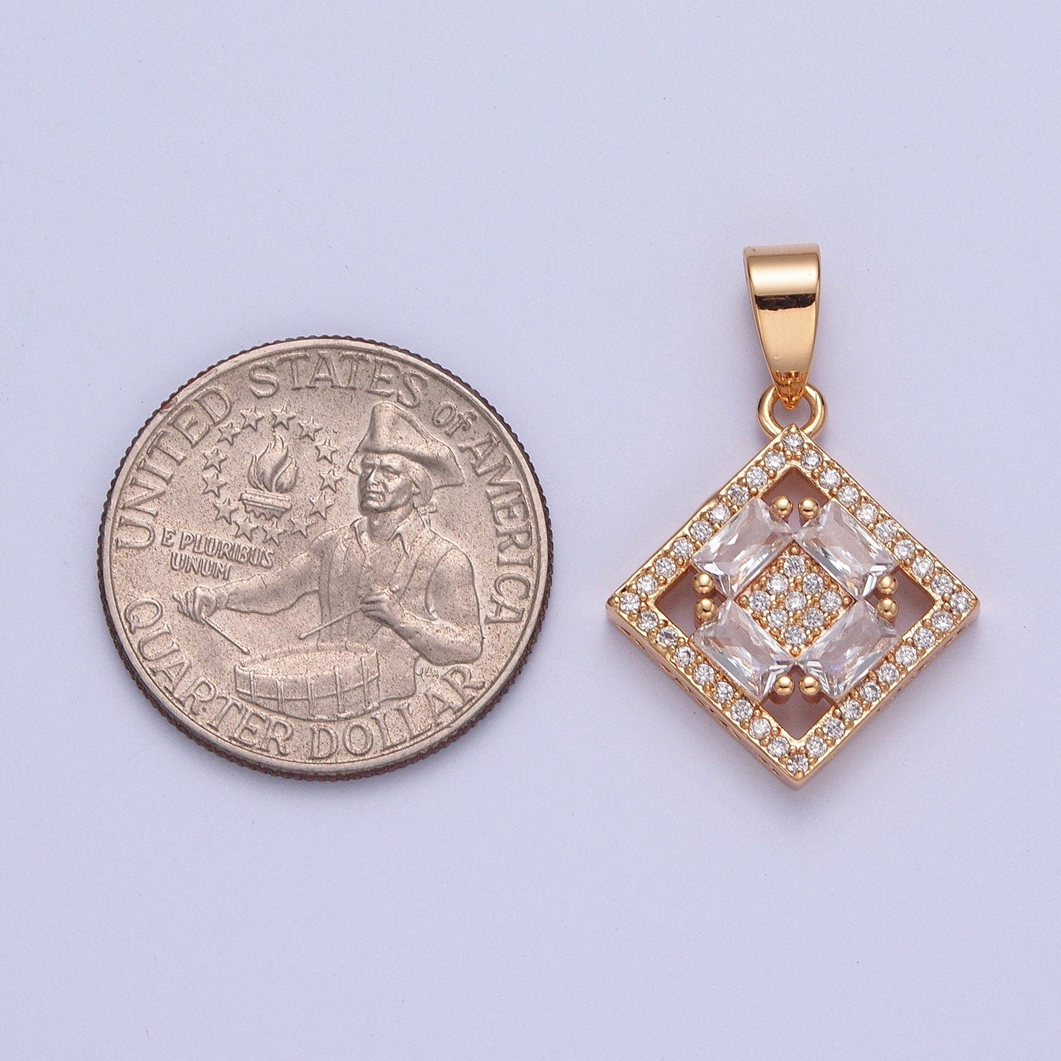 18K Gold Plated Rhombus Diamond Micro Pave CZ Baguette Stones Pendant, Dainty Micro Pave Diamond Charm for Necklace Bracelet Earring | X-352