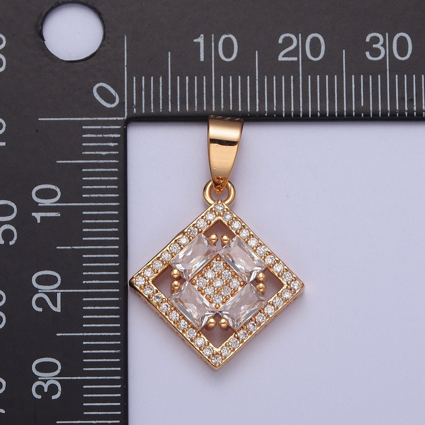 18K Gold Plated Rhombus Diamond Micro Pave CZ Baguette Stones Pendant, Dainty Micro Pave Diamond Charm for Necklace Bracelet Earring | X-352