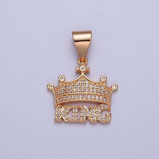 18K Gold Plated Royal Tiny Cross Crown "King" Lettering Micro Pave Cubic Zirconia CZ Stones Pendant, King Queen Crown Design Charm | X-353