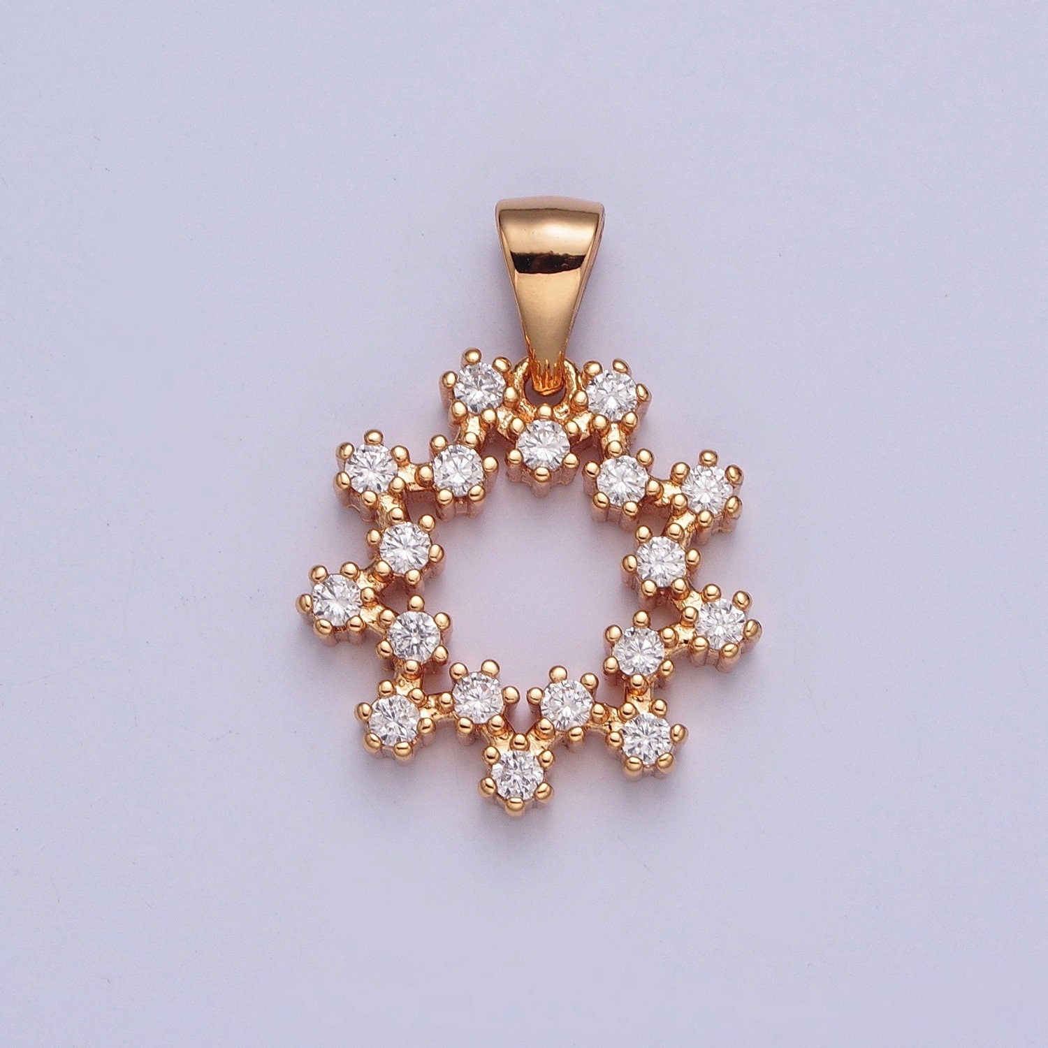 18K Gold Dainty Circle ZigZag Pattern Charm Micro Pave Cz Pendant, Snowflake Circular ZigZag Charm for Bracelet Necklace Earring | X-361
