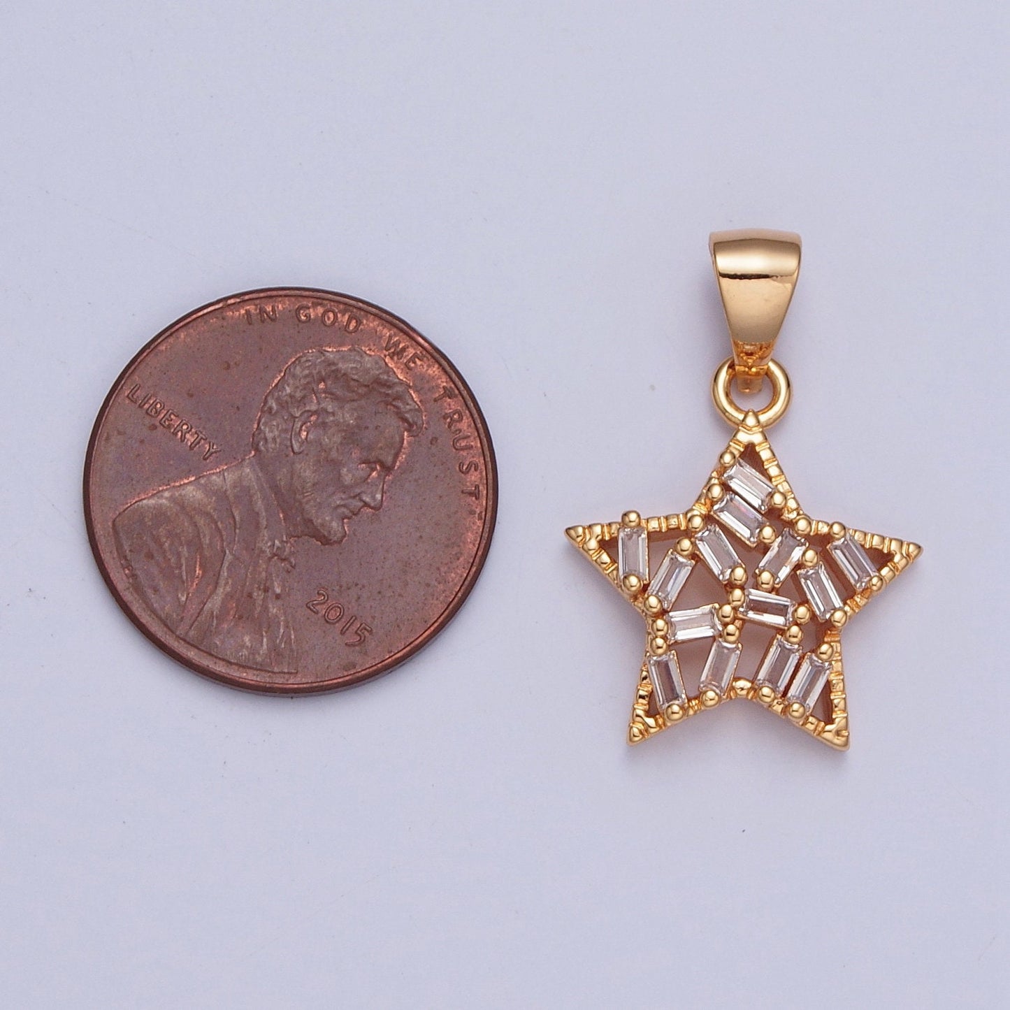 18K Dainty Gold Star Charm Cubic Baguette Stones Pendant Gold Plated Minimalistic Star Charm for Necklace Earring | X-362