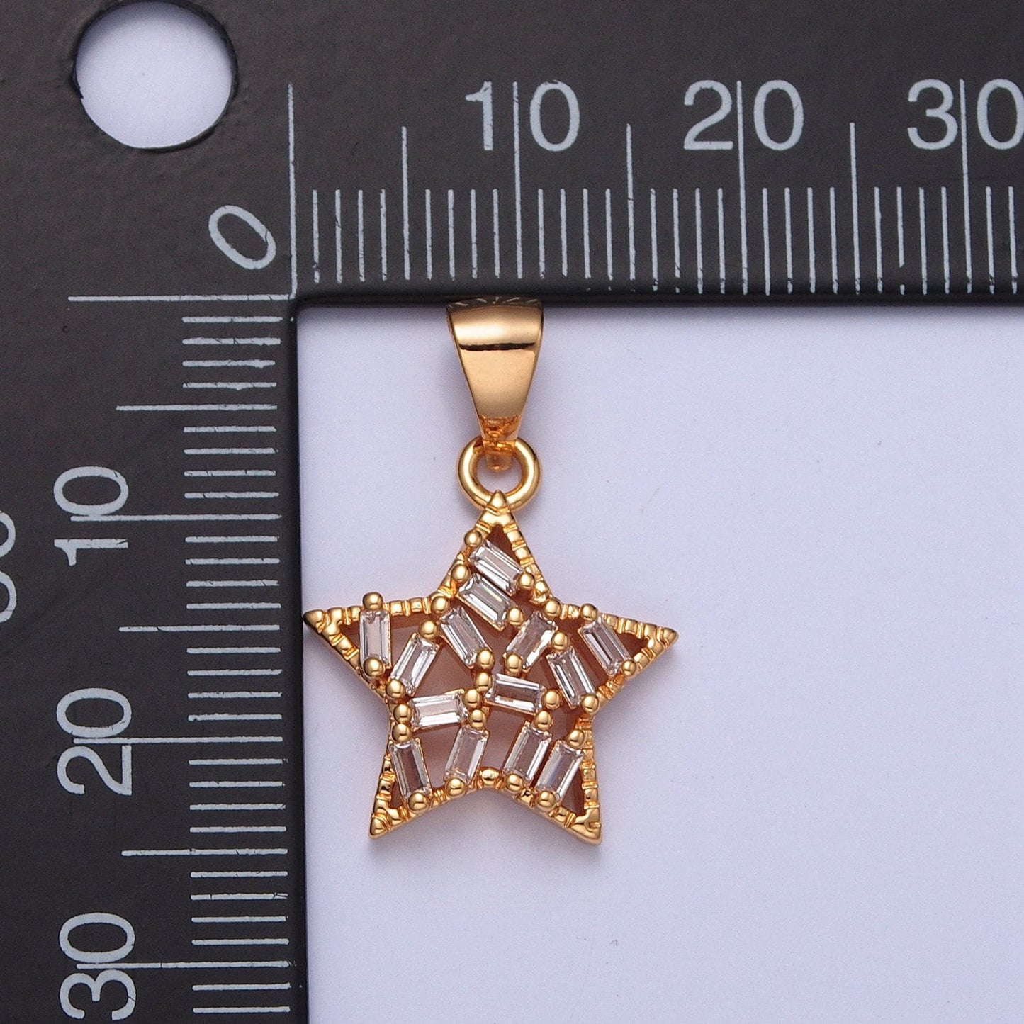 18K Dainty Gold Star Charm Cubic Baguette Stones Pendant Gold Plated Minimalistic Star Charm for Necklace Earring | X-362