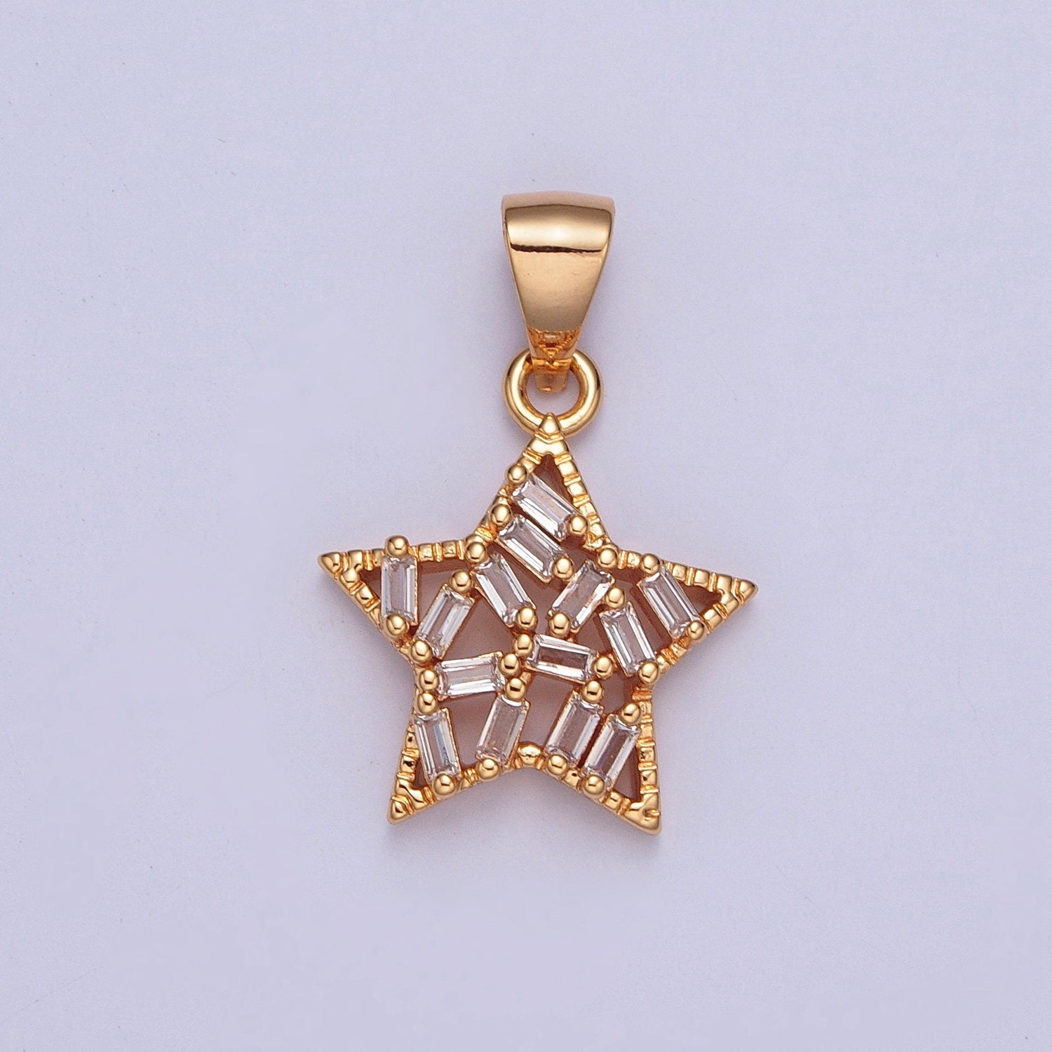 18K Dainty Gold Star Charm Cubic Baguette Stones Pendant Gold Plated Minimalistic Star Charm for Necklace Earring | X-362