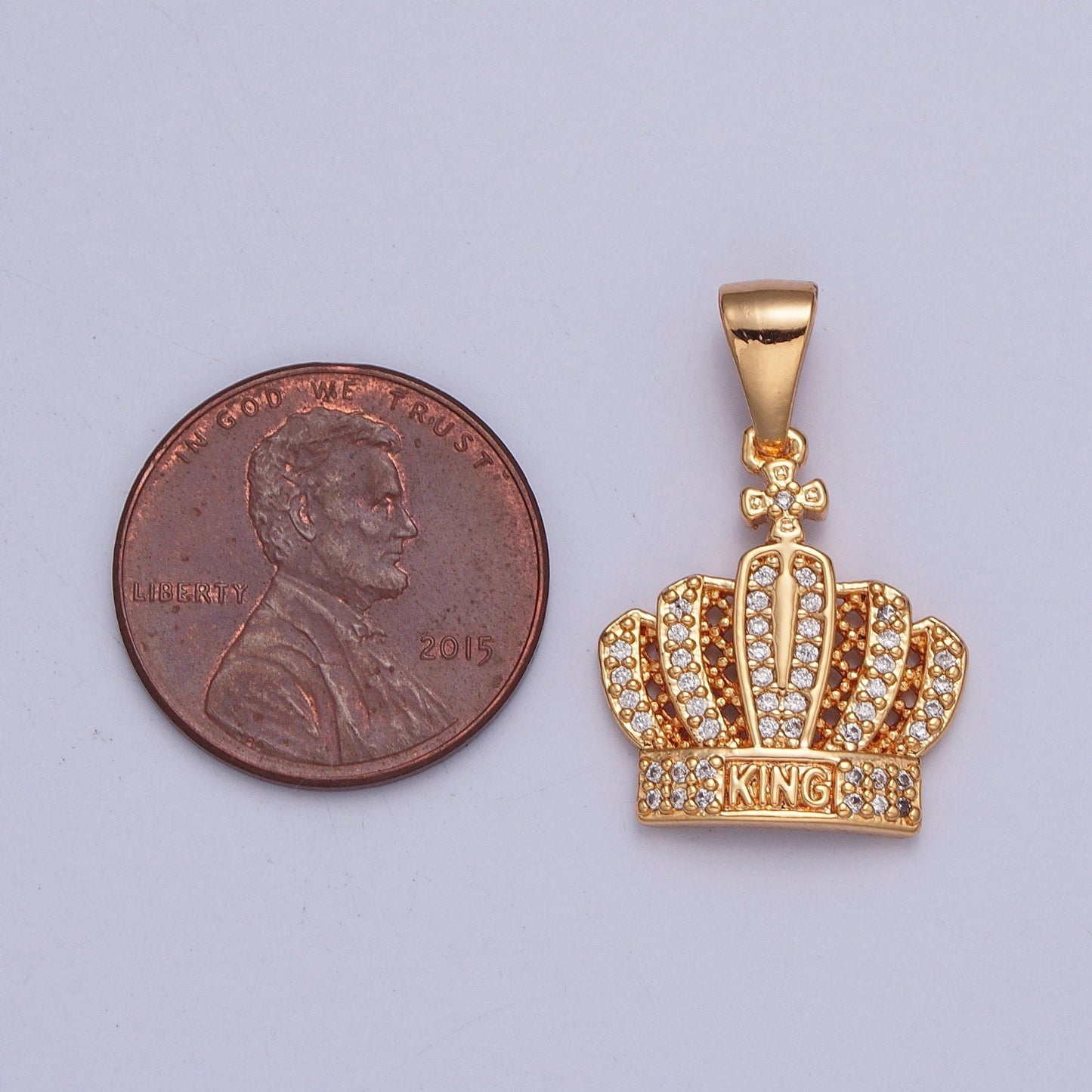 18K Gold Plated Royal Tiny Cross Emperor Viscount Crown "King" Lettering Micro Pave CZ Stones Pendant, King Crown Design Charm | X-366
