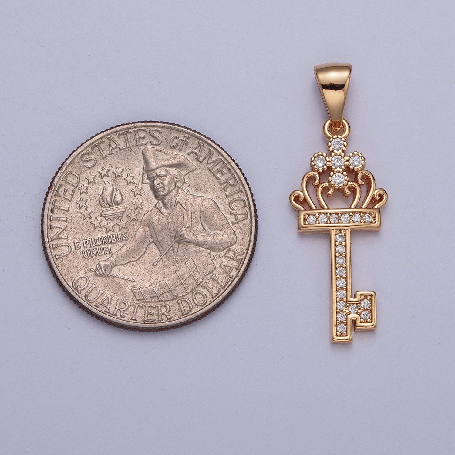 18K Gold Sovereign Royal Crown w. Cross Micro Pave CZ Key Pendant Charm For Jewelry Necklace Making | X-372