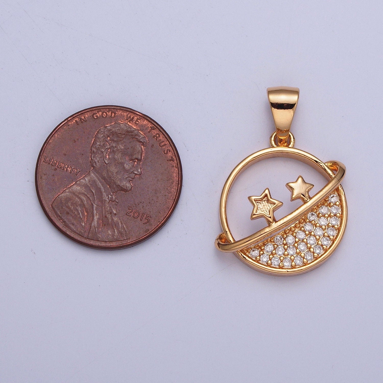 Dainty Round Planet Stars Micro CZ Pave Stone Pendant | DIY Charm Add on Necklace Bracelet Earring | X-373