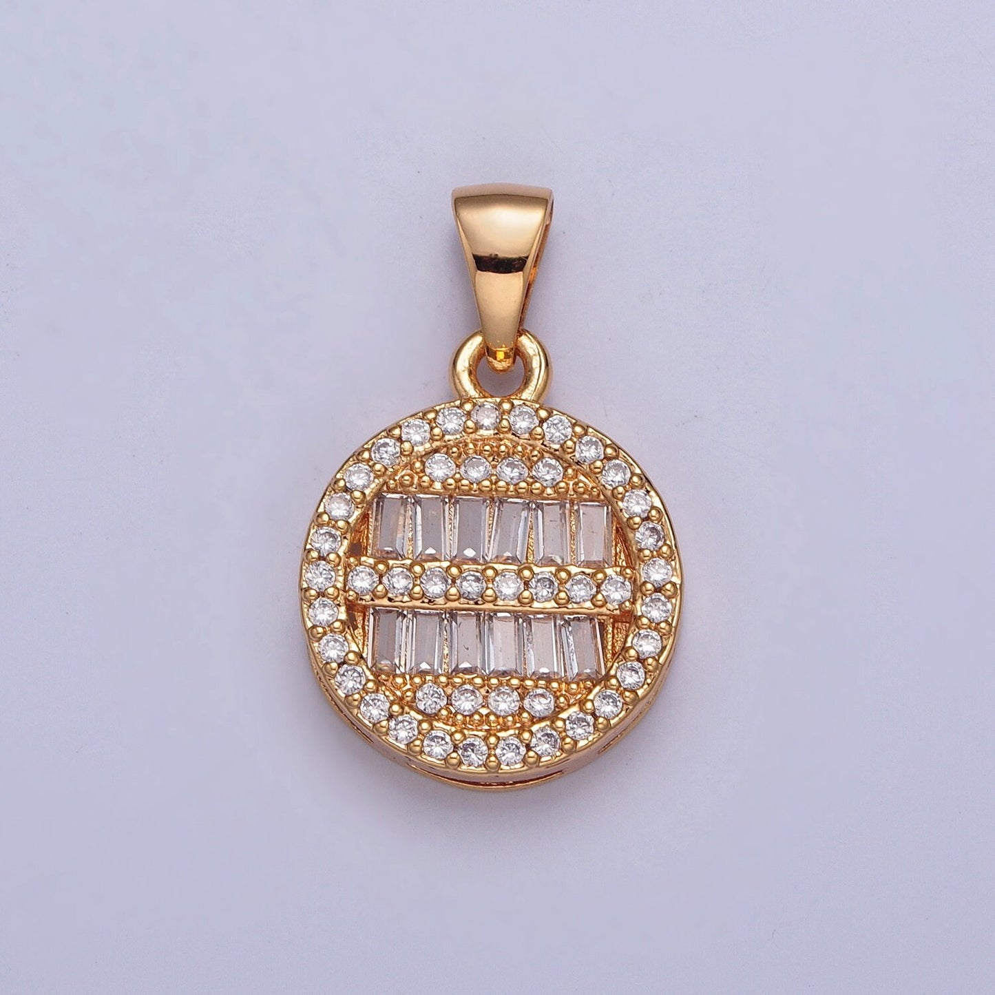 18K Gold Theta Round Micro Pave CZ Baguette Stones Pendant, Round Statement Charm for Necklace | X-375