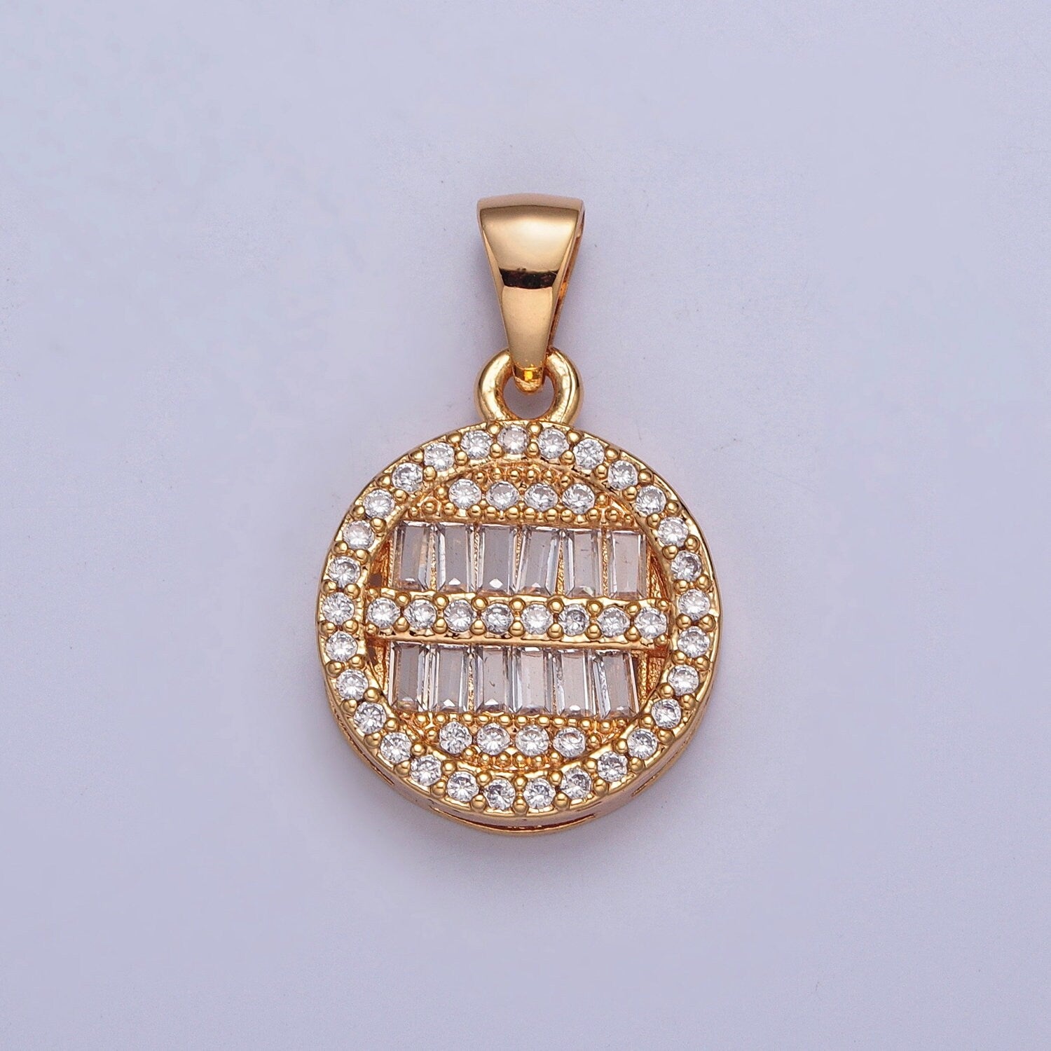 18K Gold Theta Round Micro Pave CZ Baguette Stones Pendant, Round Statement Charm for Necklace | X-375