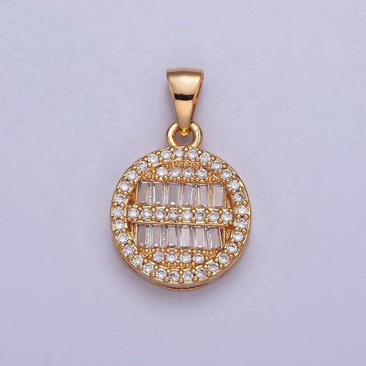18K Gold Theta Round Micro Pave CZ Baguette Stones Pendant, Round Statement Charm for Necklace | X-375