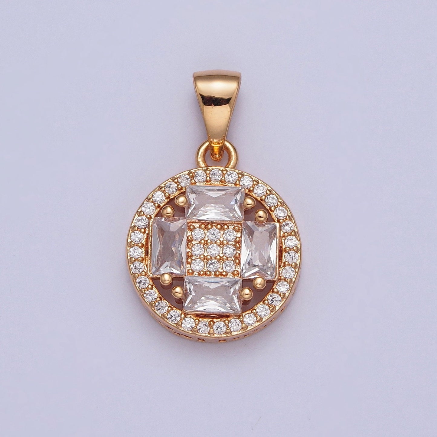 18K Gold Plated Baguette Stone Cross In Micro Pave CZ Pendant Circle Square Beaded Center Pendant, Dainty Micro Pave Charm | X-380