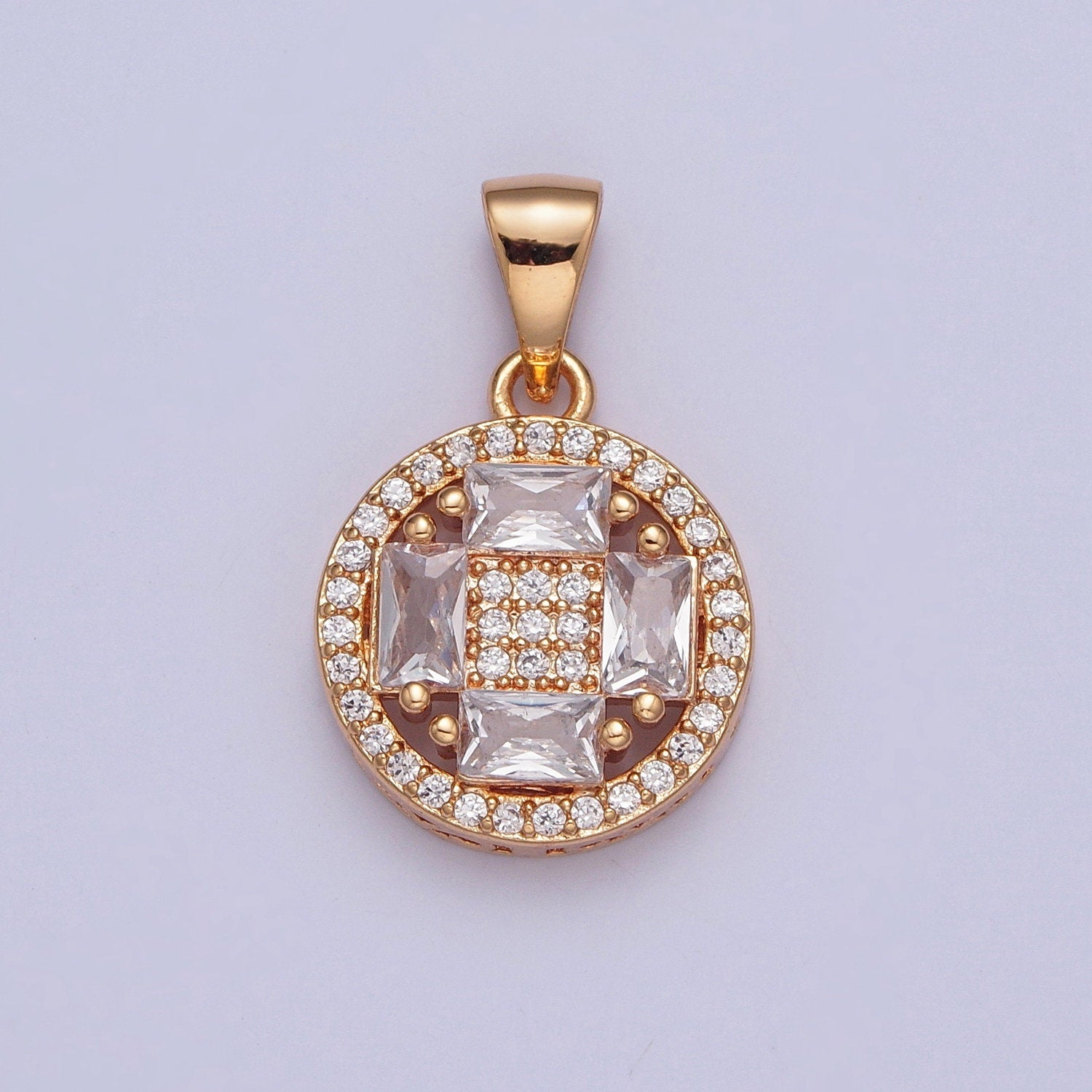 18K Gold Plated Baguette Stone Cross In Micro Pave CZ Pendant Circle Square Beaded Center Pendant, Dainty Micro Pave Charm | X-380