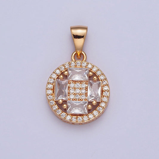 18K Gold Plated Baguette Stone Cross In Micro Pave CZ Pendant Circle Square Beaded Center Pendant, Dainty Micro Pave Charm | X-380