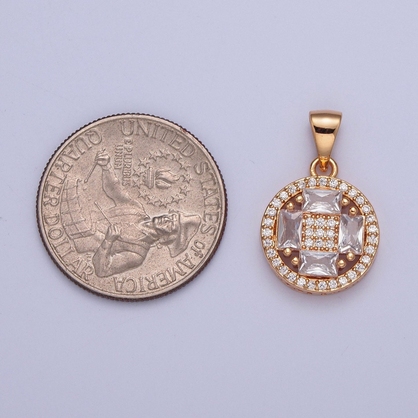 18K Gold Plated Baguette Stone Cross In Micro Pave CZ Pendant Circle Square Beaded Center Pendant, Dainty Micro Pave Charm | X-380