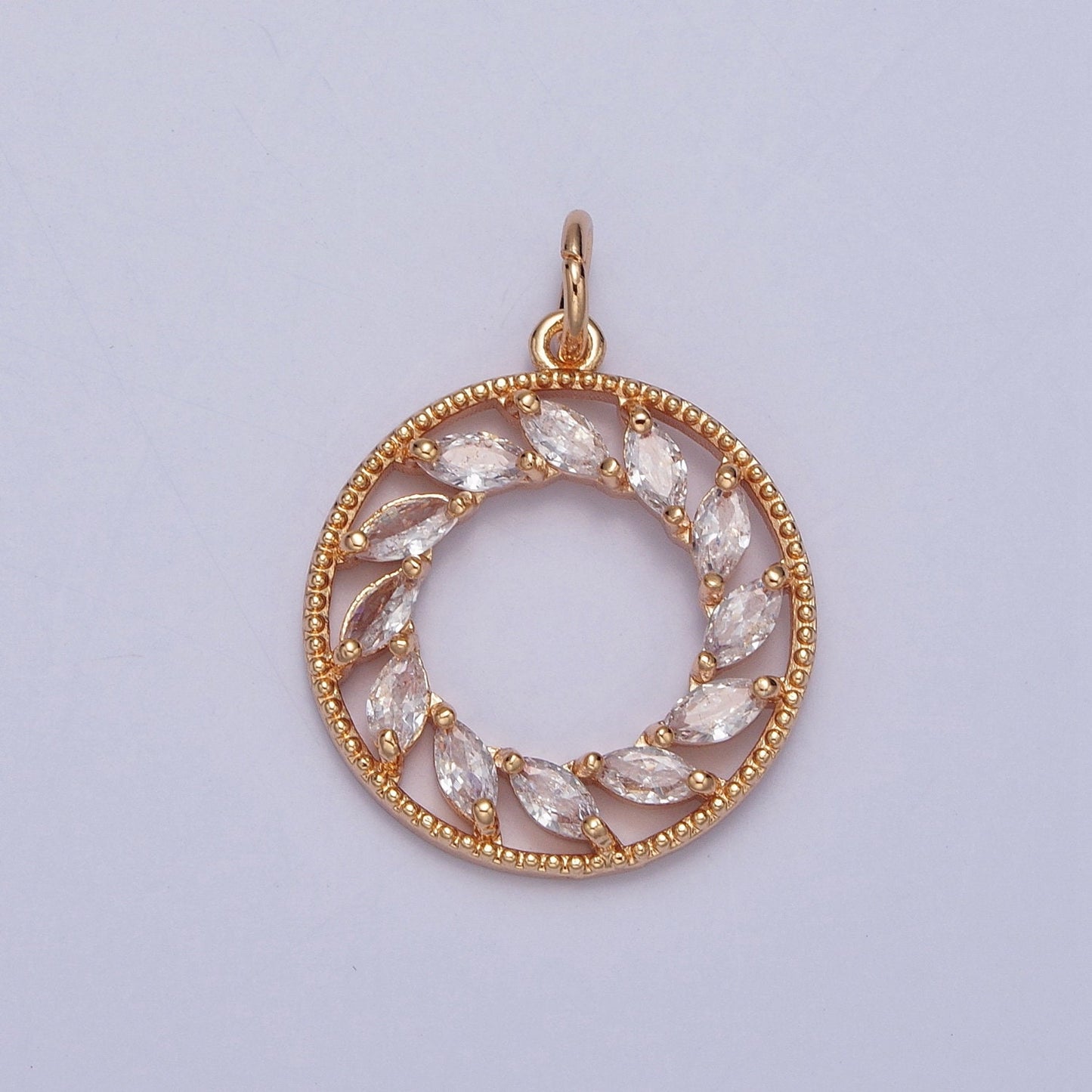 Dainty Round Beaded Micro Pave CZ Wreath Leaves Pendant, Mini Wreath Charm 16k Gold Filled Holiday Pendants | X-219