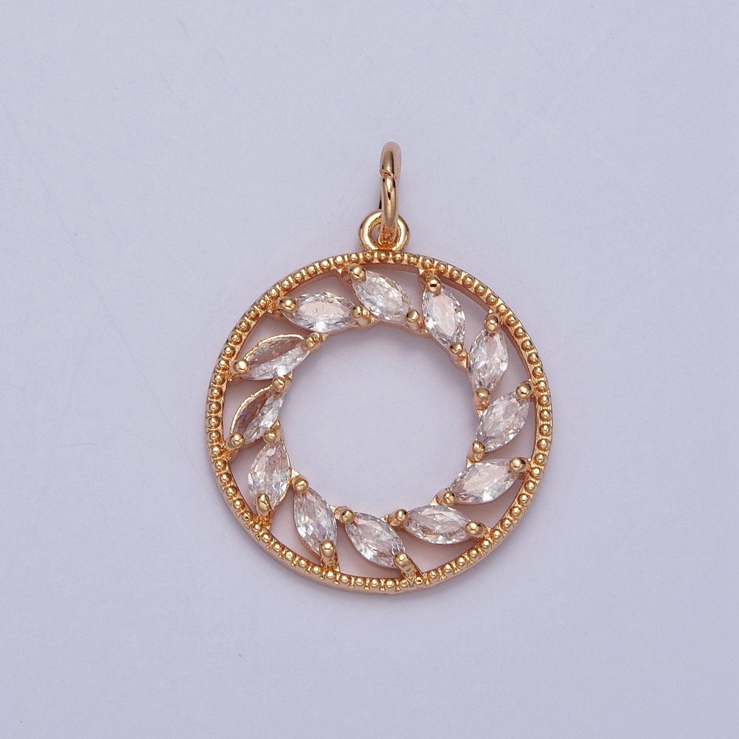 Dainty Round Beaded Micro Pave CZ Wreath Leaves Pendant, Mini Wreath Charm 16k Gold Filled Holiday Pendants | X-219