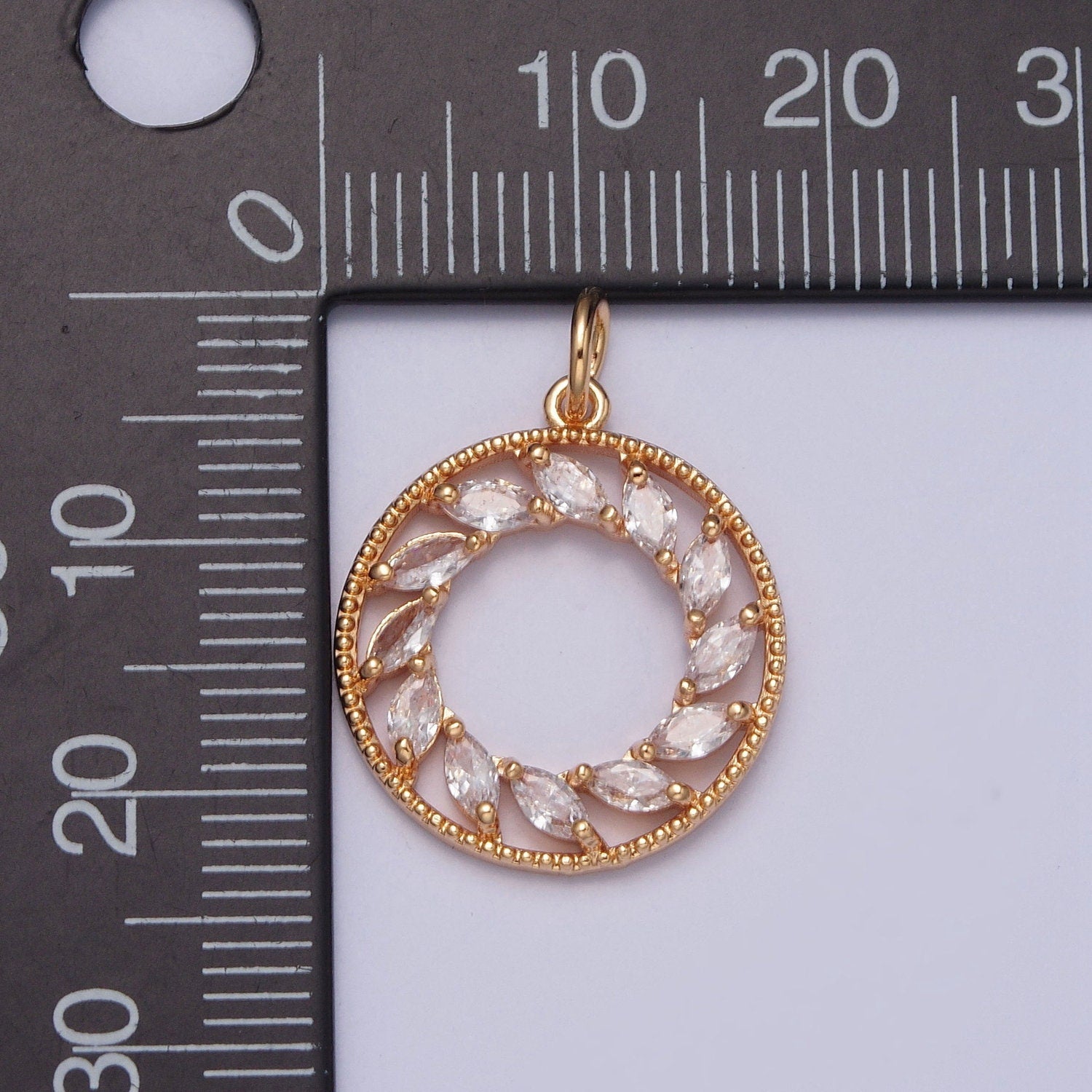 Dainty Round Beaded Micro Pave CZ Wreath Leaves Pendant, Mini Wreath Charm 16k Gold Filled Holiday Pendants | X-219