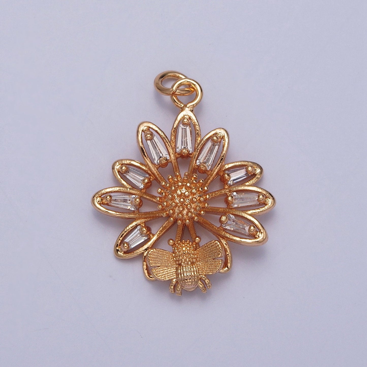 16K Gold Mini Bee on Flower Micro Pave Baguette Stone Beaded Pendant, Summer Sunflower Honeybee Charm for Necklace Earring Bracelet | X-220