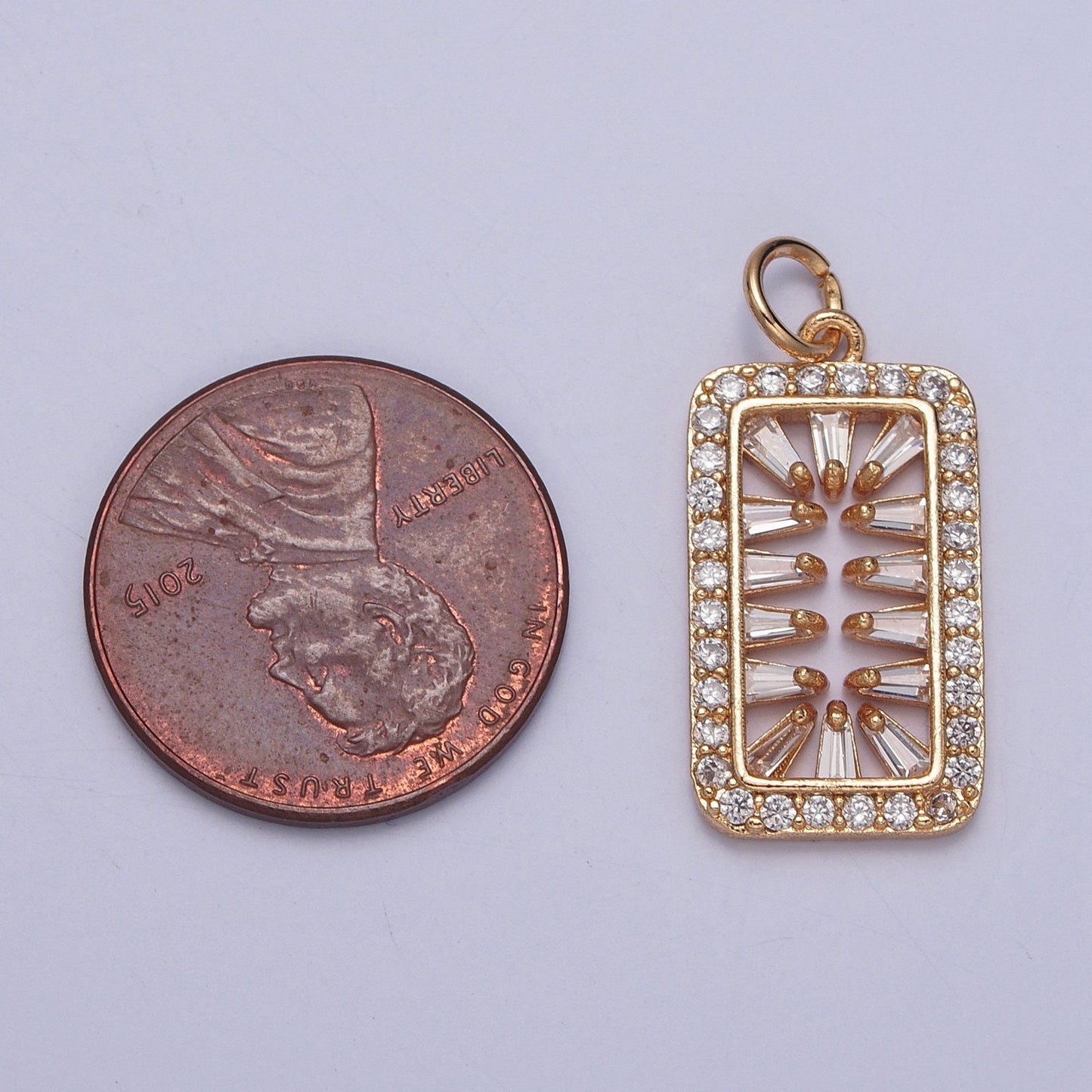 16K Gold Filled Rectangular Micro Pave CZ Baguette Stones Spikes Tag Pendant | X-244