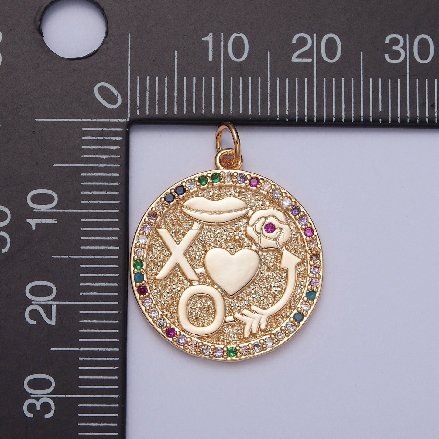 Dainty Round XO Roses Kisses Arrow Colored Micro CZ Pave Stone Medallion Coin Pendant | DIY Charm Add on Necklace Bracelet Earring | X-248