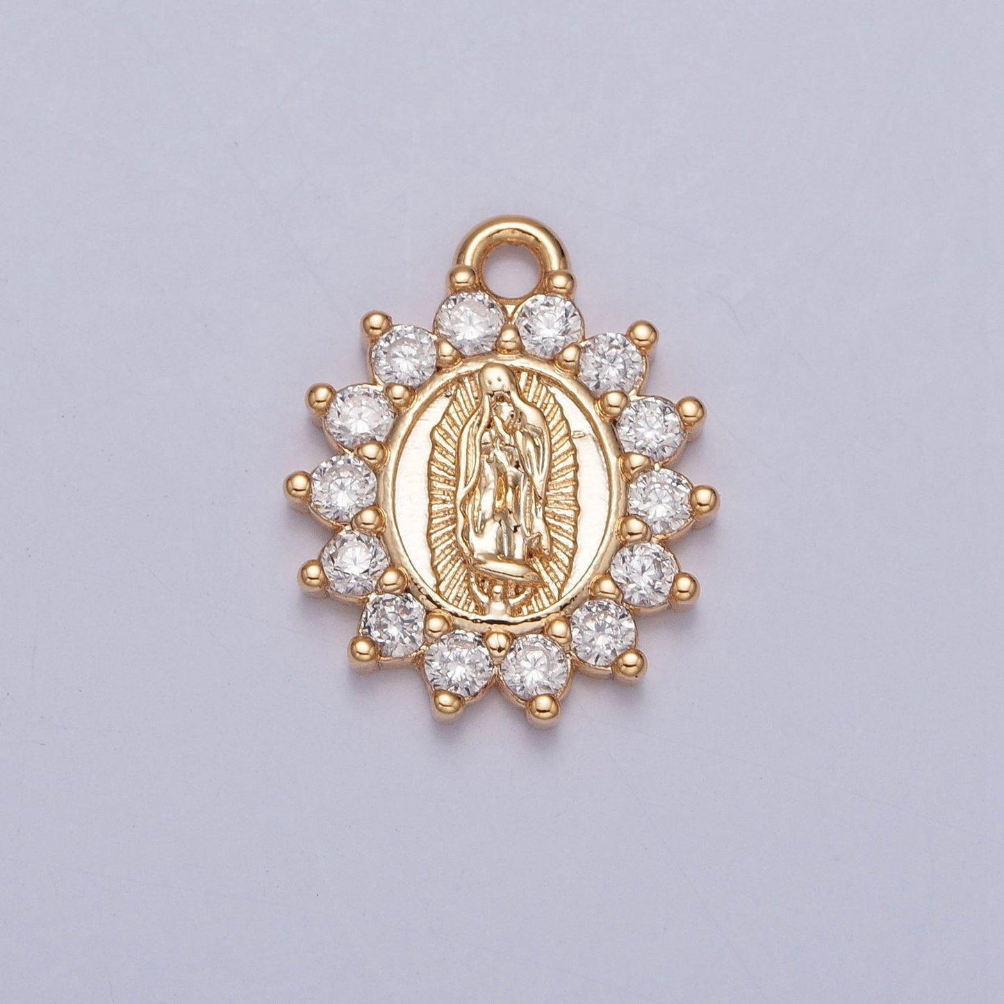 16K Gold Plated Our Lady of Guadalupe Charm Virgin Mary Lady of Lourdes Catholic Bijoux Sunburst Micro Pave CZ Charm | X-229
