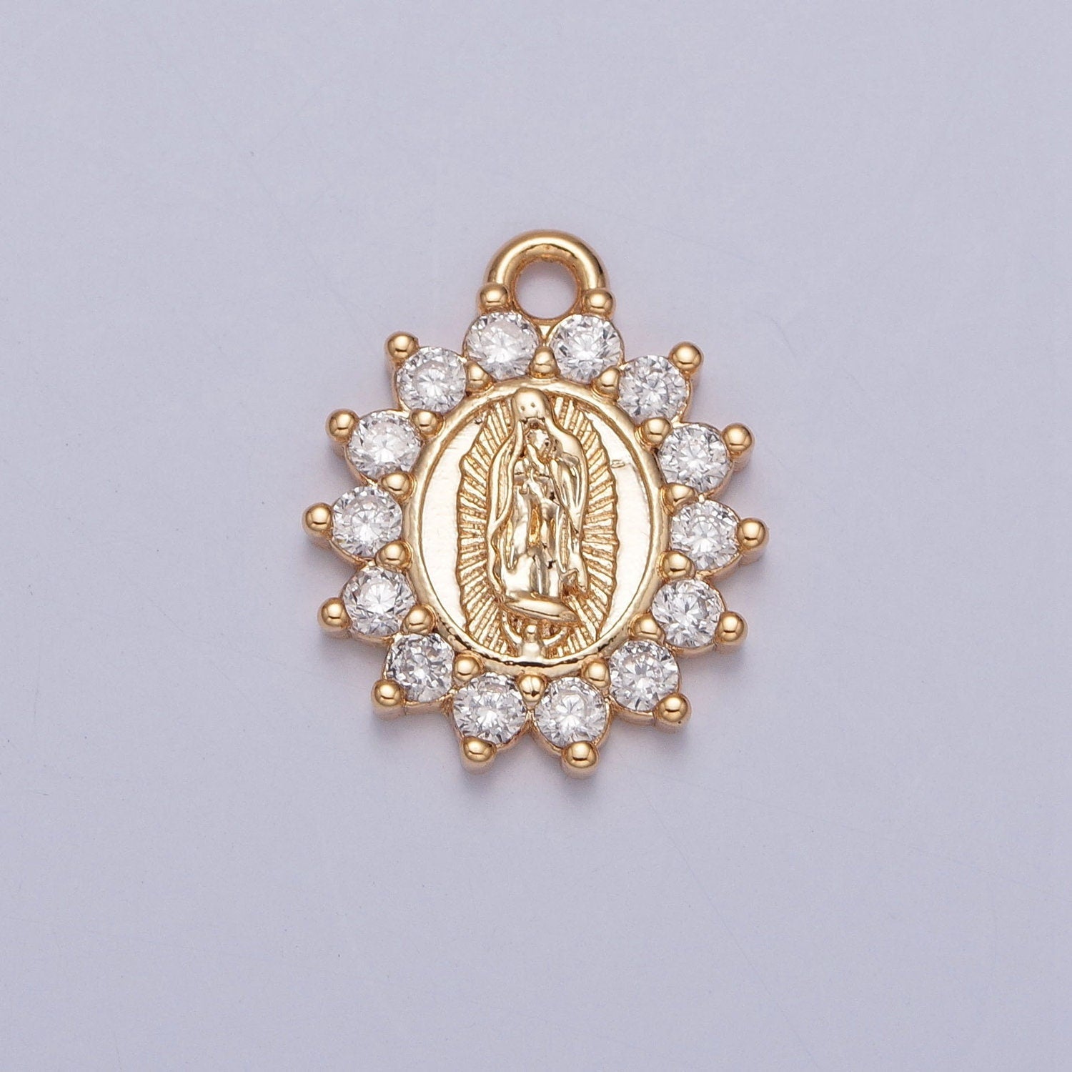 16K Gold Plated Our Lady of Guadalupe Charm Virgin Mary Lady of Lourdes Catholic Bijoux Sunburst Micro Pave CZ Charm | X-229