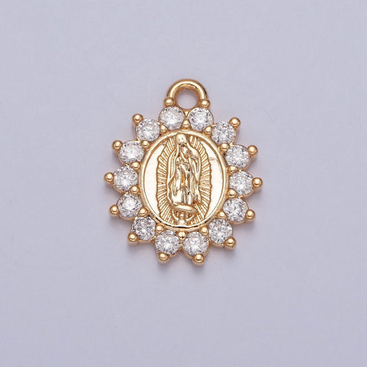 16K Gold Plated Our Lady of Guadalupe Charm Virgin Mary Lady of Lourdes Catholic Bijoux Sunburst Micro Pave CZ Charm | X-229