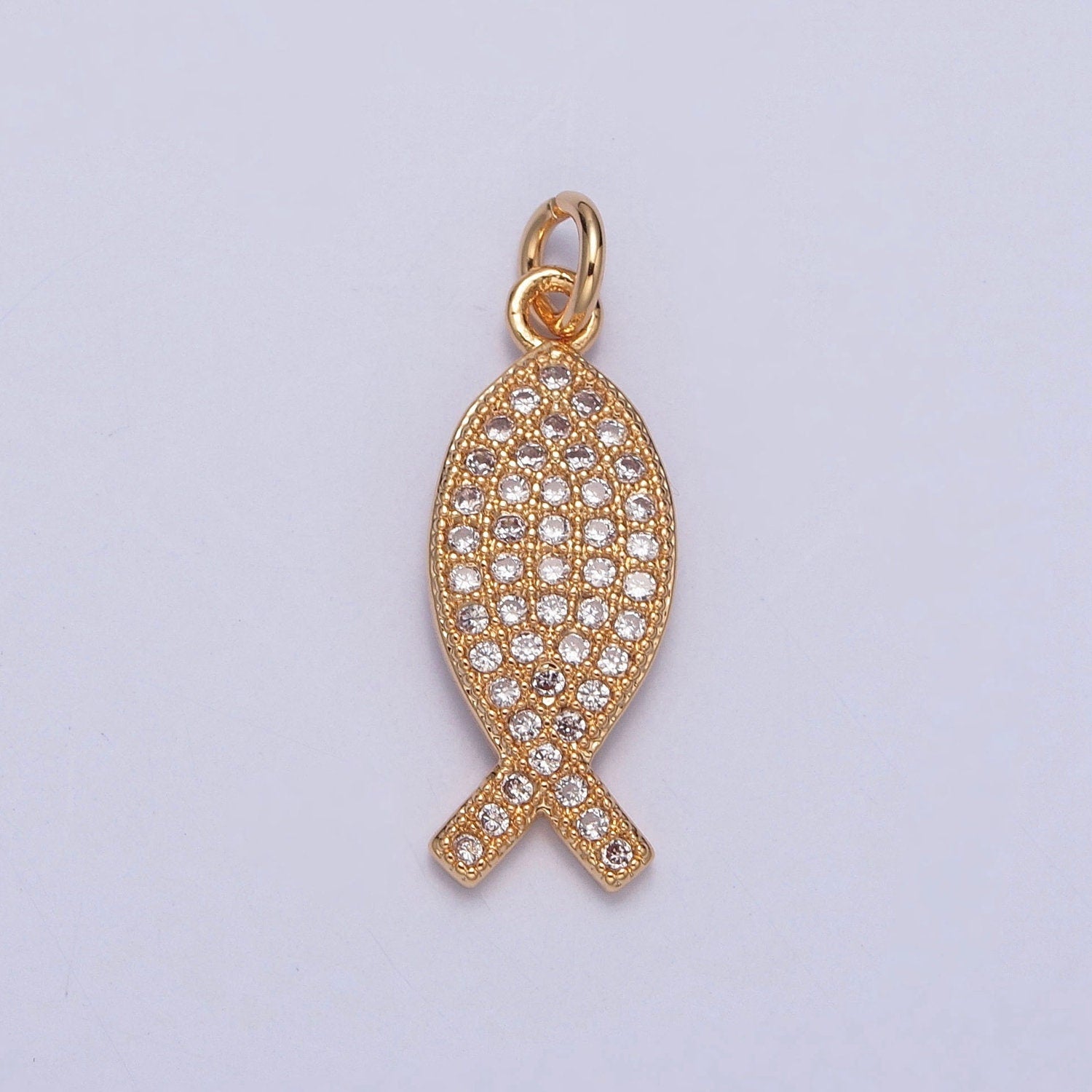 16K Gold Plated Dainty Fish Outline Micro Pave CZ Stone Pendant, Minimalistic Sea Animal Charm | X-239