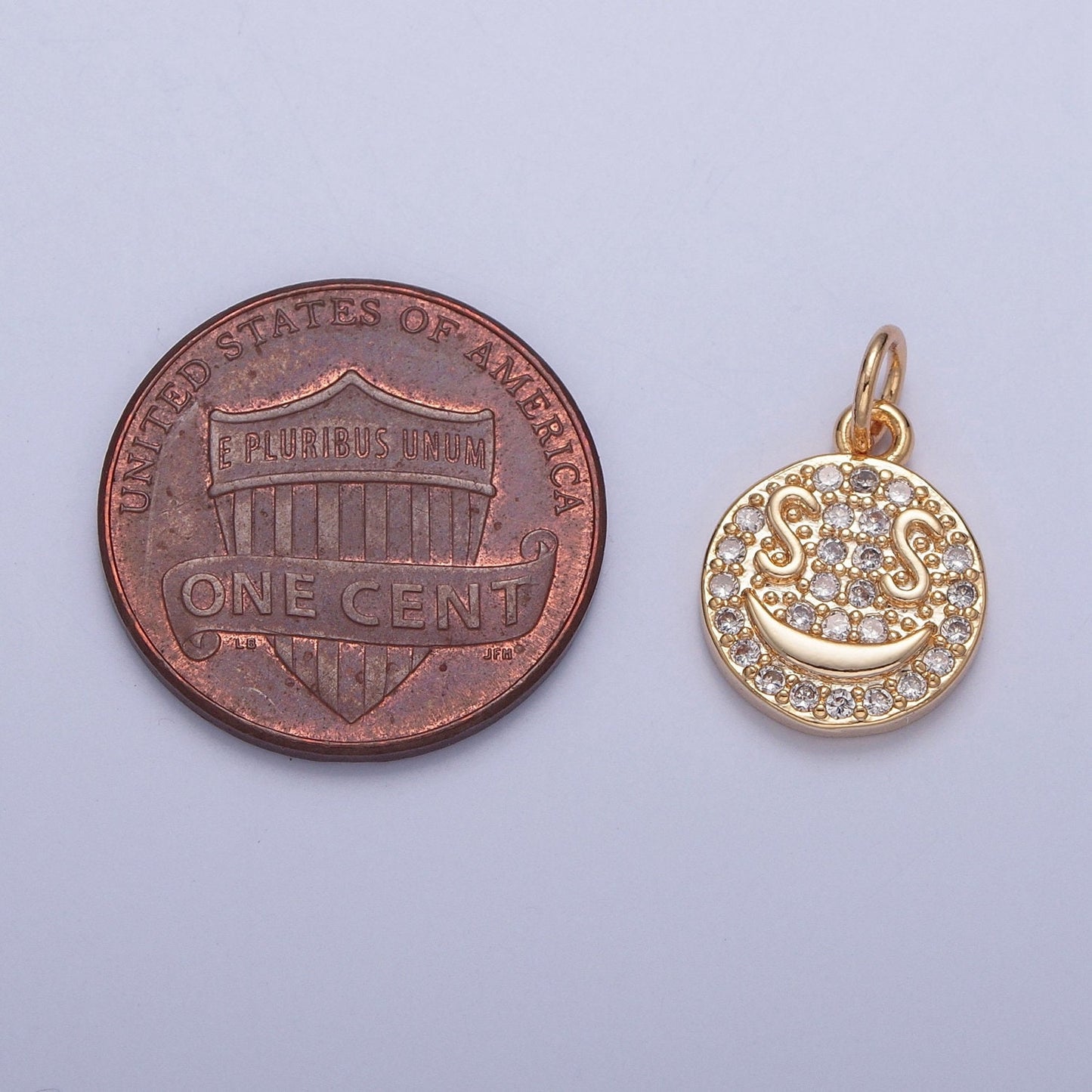 16K Gold Plated Round Dollar Bill Eyes Happy Face Micro CZ Pave Stone Medallion Coin Pendant | DIY Charm Necklace Bracelet Earring | X-242