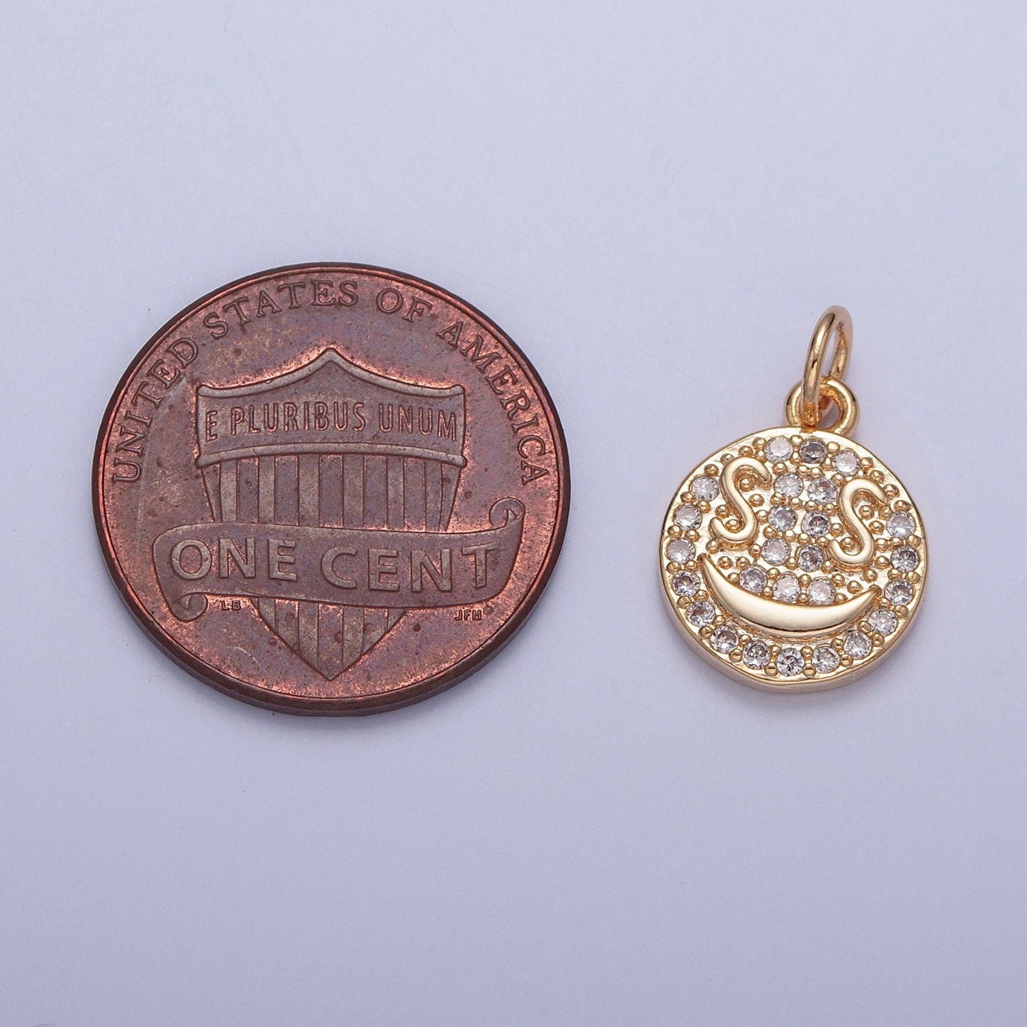 16K Gold Plated Round Dollar Bill Eyes Happy Face Micro CZ Pave Stone Medallion Coin Pendant | DIY Charm Necklace Bracelet Earring | X-242