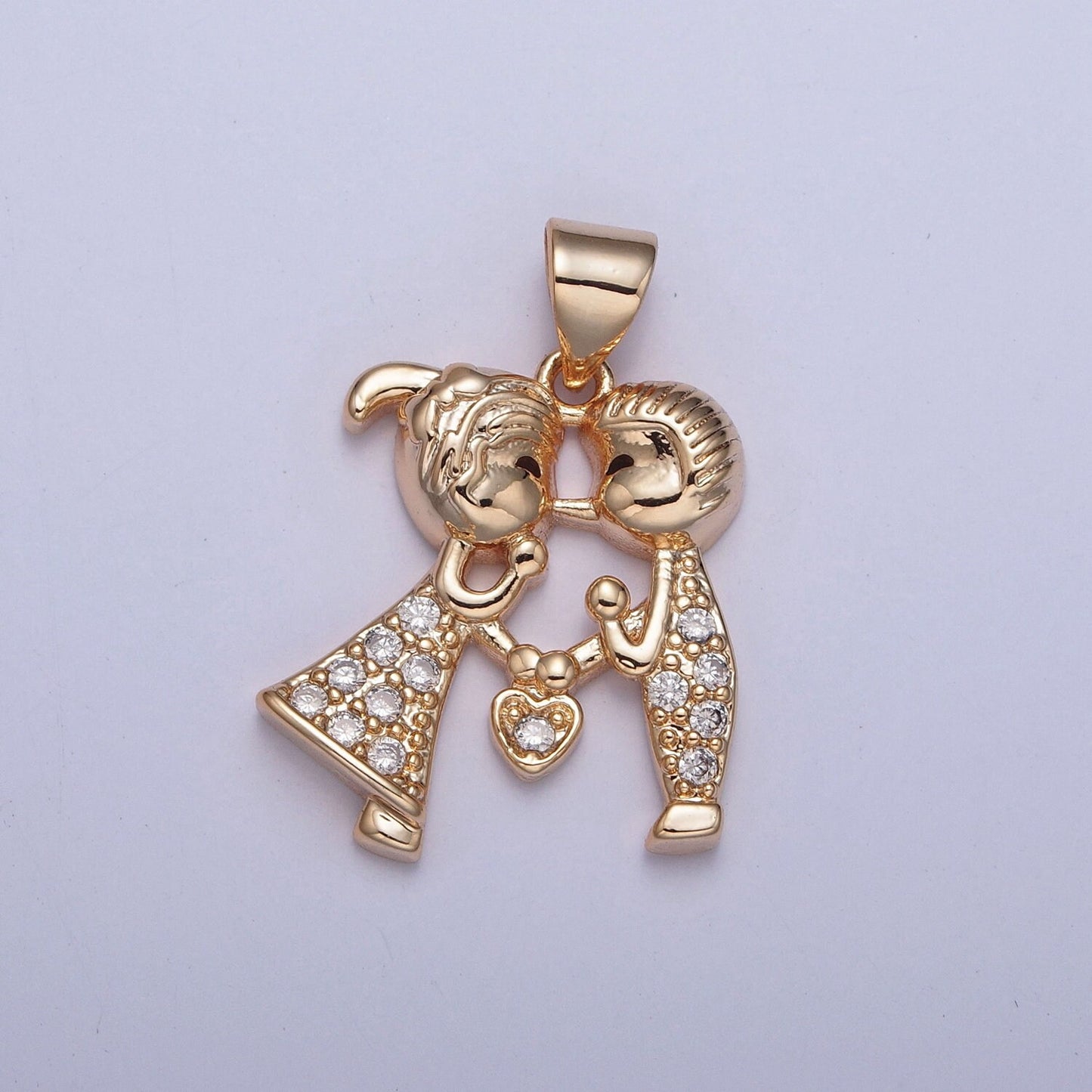 16K Gold Filled Kissing Couple Characters Holding a Love Heart Micro Pave CZ Pendant, Dainty Loving Couple Boy and Girl Charm | X-393