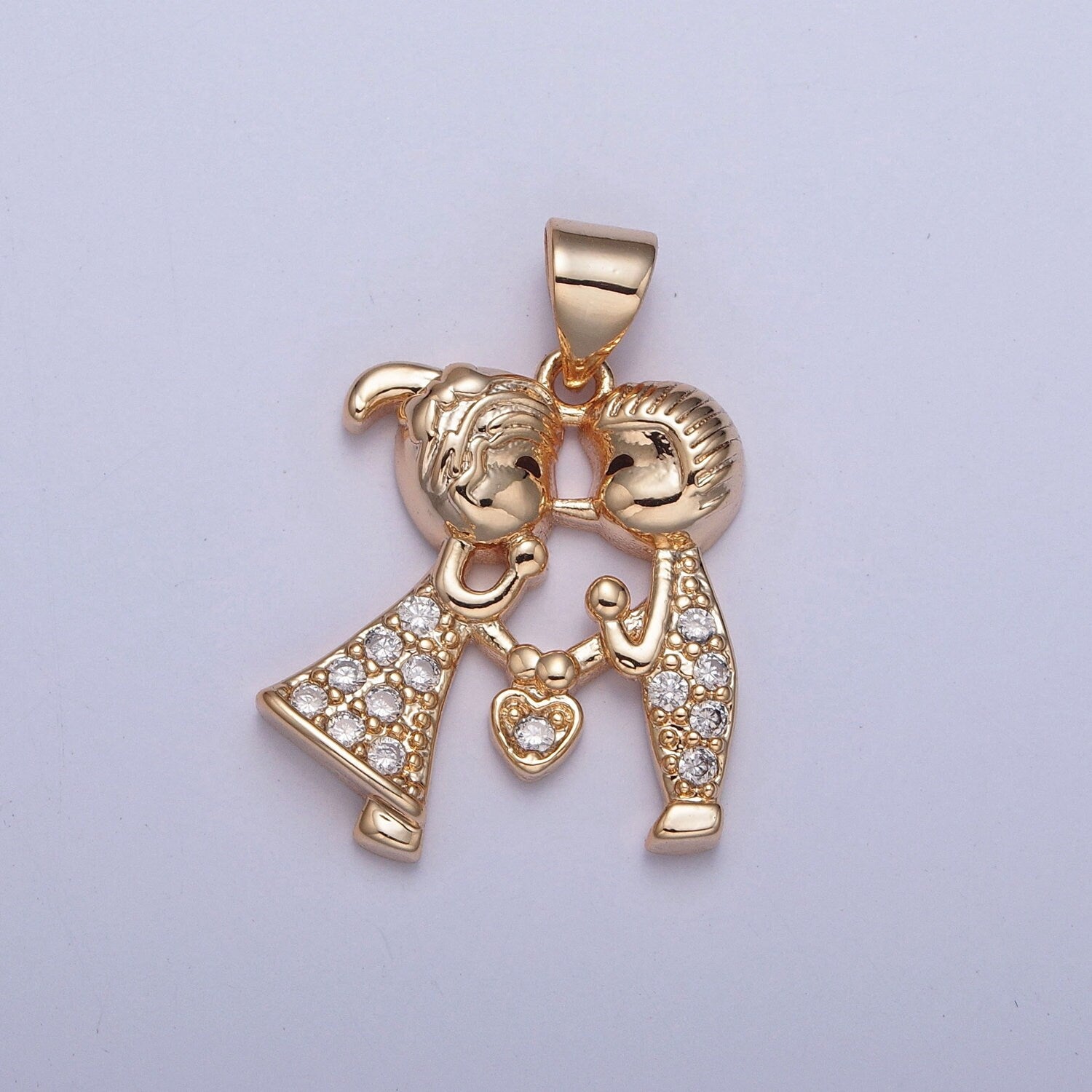 16K Gold Filled Kissing Couple Characters Holding a Love Heart Micro Pave CZ Pendant, Dainty Loving Couple Boy and Girl Charm | X-393