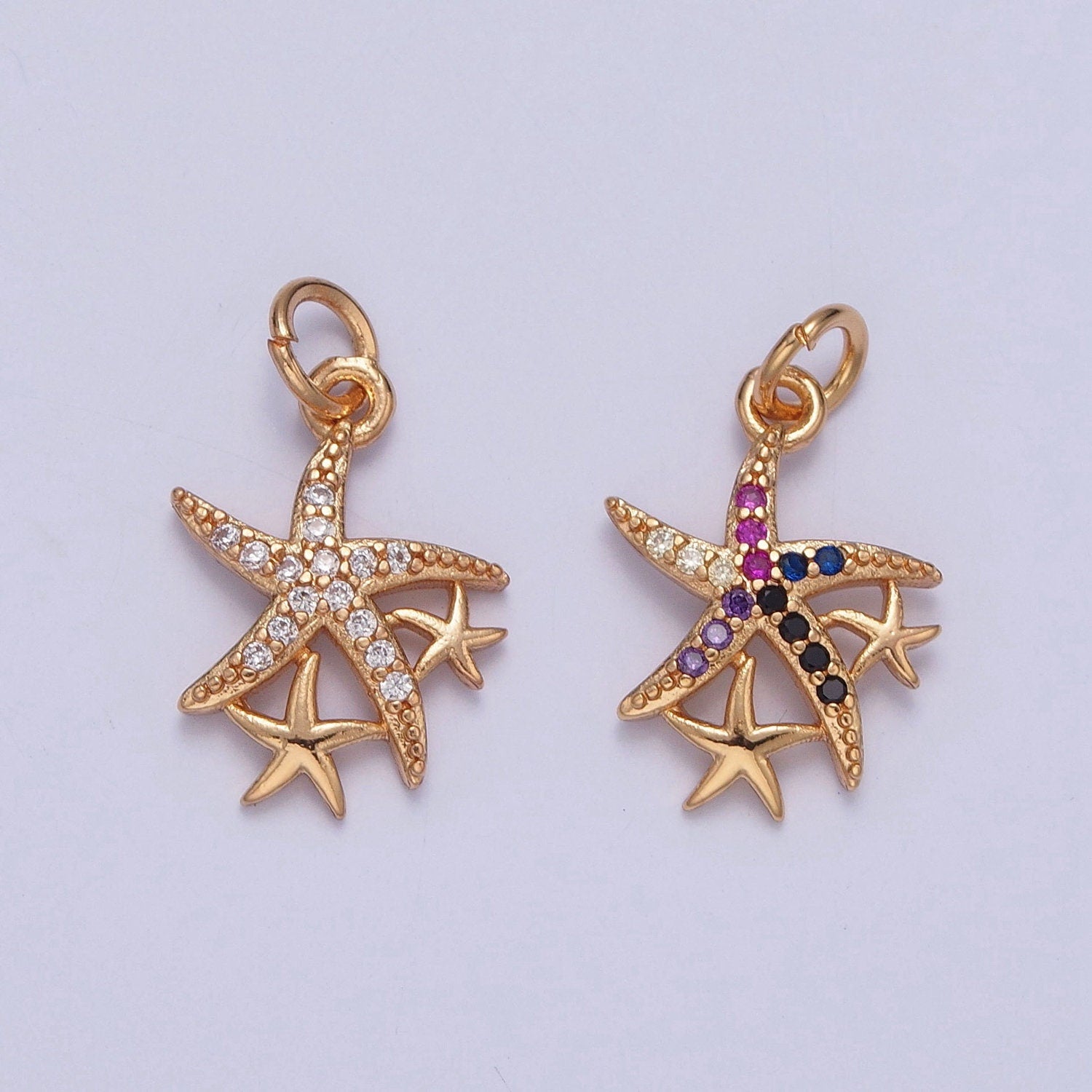 16K Gold Dainty Three Starfish Micro Pave CZ Clear Multicolored Stone Pendant, Charm Crystal Cz for Necklace Bracelet Supply | X-222, X-223