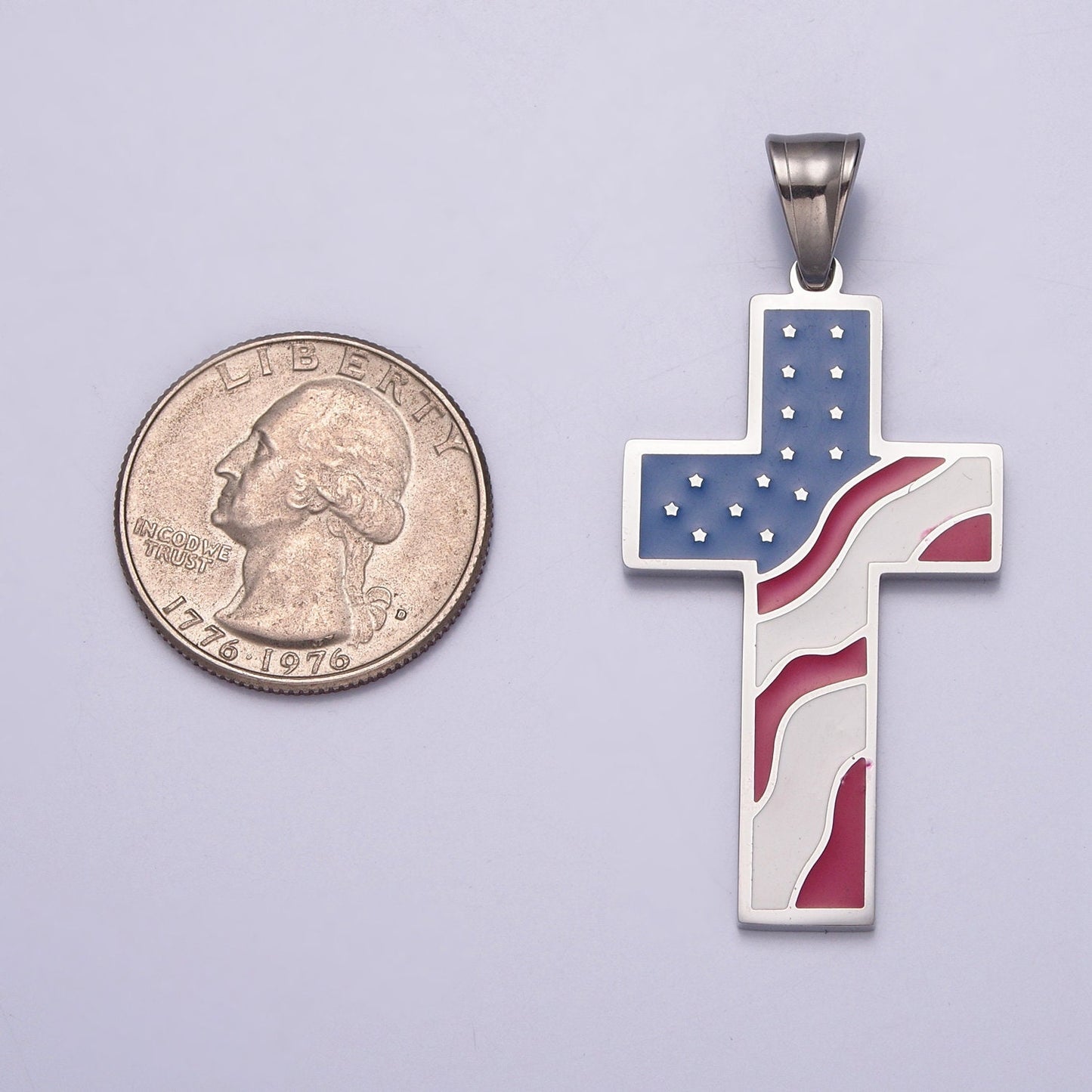 United States of America USA Flag on Cross, Stainless Steel Catholic Religious Charms, Silver Religious Charms For Jewelry Making | I-353