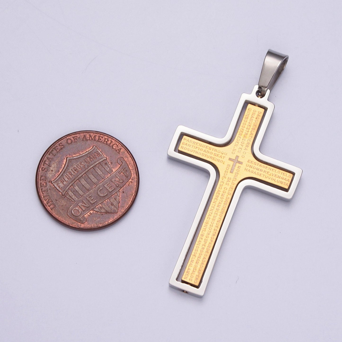 Stainless Steel Spanish The Lord's Prayer Spinable Tiny Cross Charm, Padre Nuestro for Religious Necklace Pendant | X-635, X-636