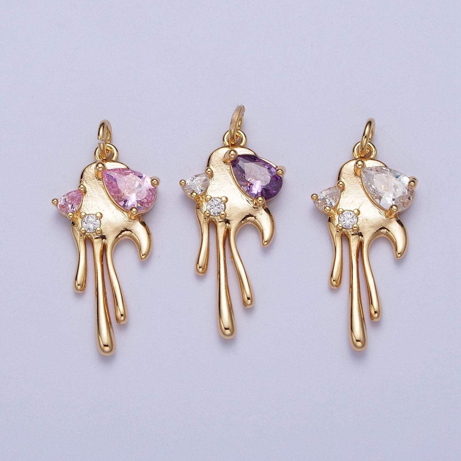 16K Gold Filled Heart Charm, Gold Melting Heart Pendant Cubic Zirconia Crystal For Earring Bracelet Necklace Jewelry | G-189~G-191