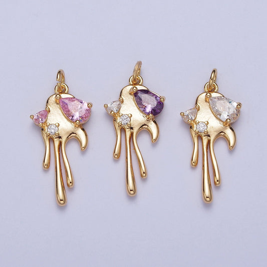 16K Gold Filled Heart Charm, Gold Melting Heart Pendant Cubic Zirconia Crystal For Earring Bracelet Necklace Jewelry | G-189~G-191