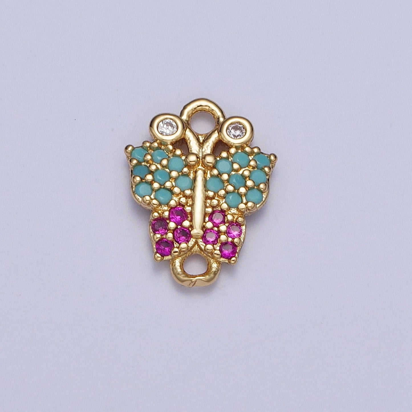 Gold Butterfly Link Connector, Teal Magenta Micro Pave Cubic Zirconia CZ Mariposa Connector, 24K Gold Plated Winged Insect Charm | G-529