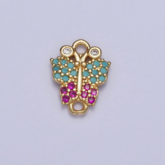 Gold Butterfly Link Connector, Teal Magenta Micro Pave Cubic Zirconia CZ Mariposa Connector, 24K Gold Plated Winged Insect Charm | G-529