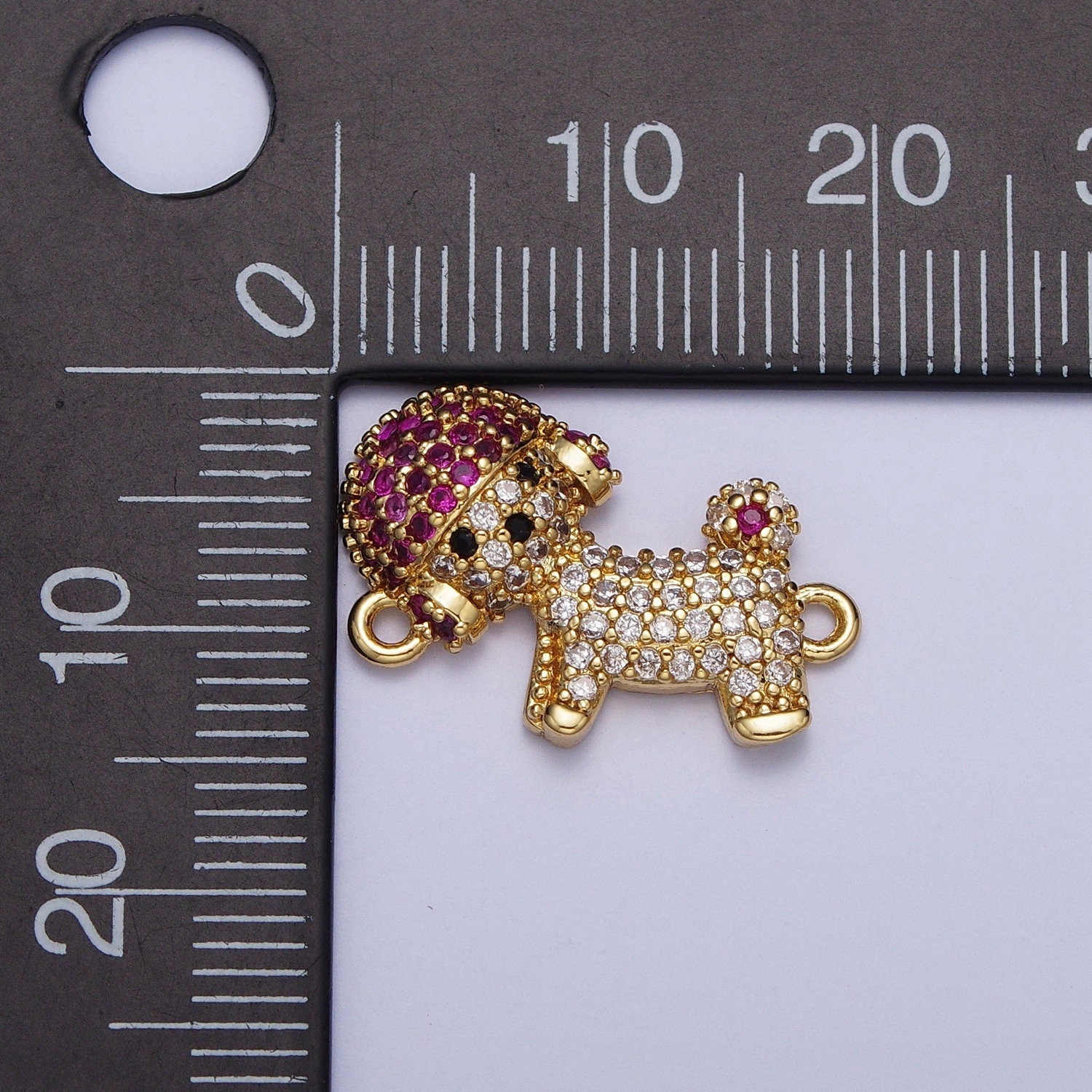 Cute Helmet Puppy Micro Pave Clear Fuchsia Cubic Zirconia CZ Stone Link Connector, 24K Gold Plated Cute Dog with a Helmet Connector | G-530