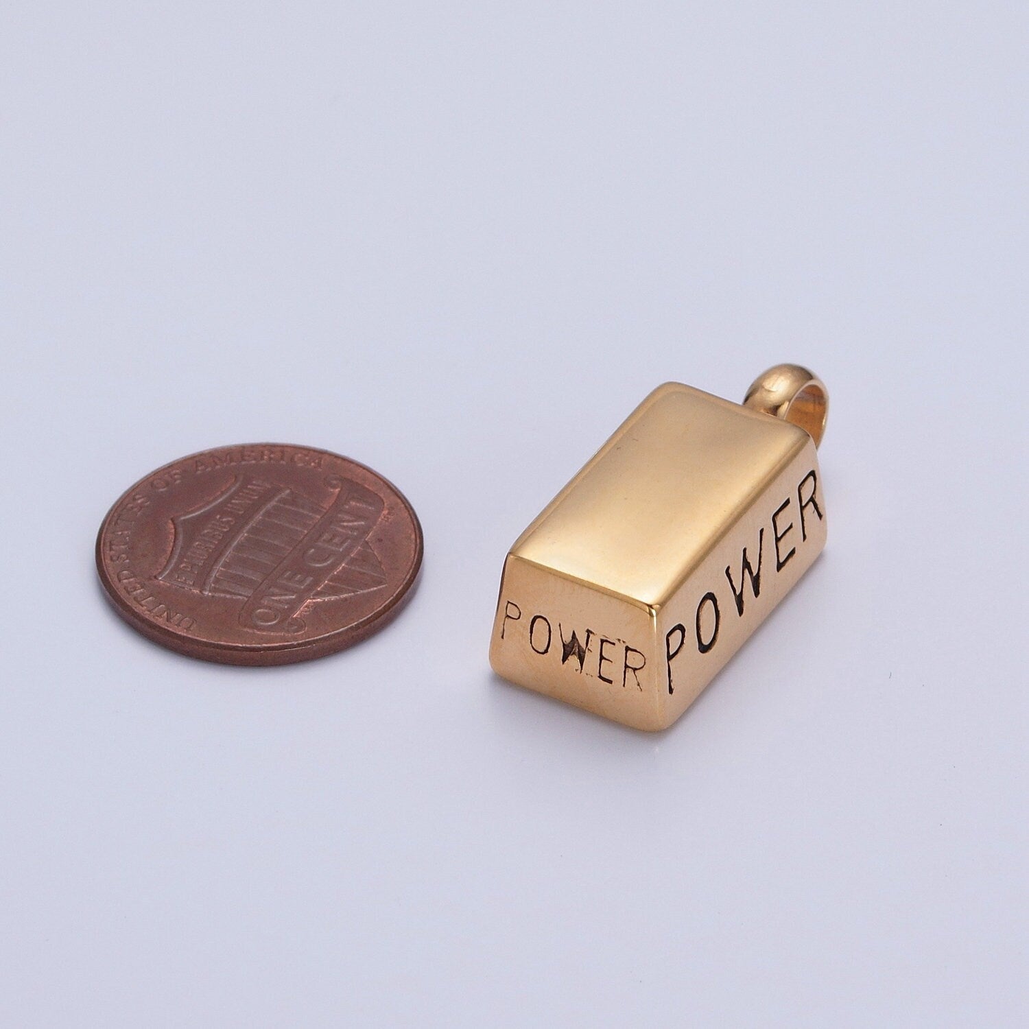 Stainless Steel Gold Silver Solid Bar "Power" Pendant, Gold Silver Power Strength Weight Charm, for DIY Charms Bracelet | X-645, X-646