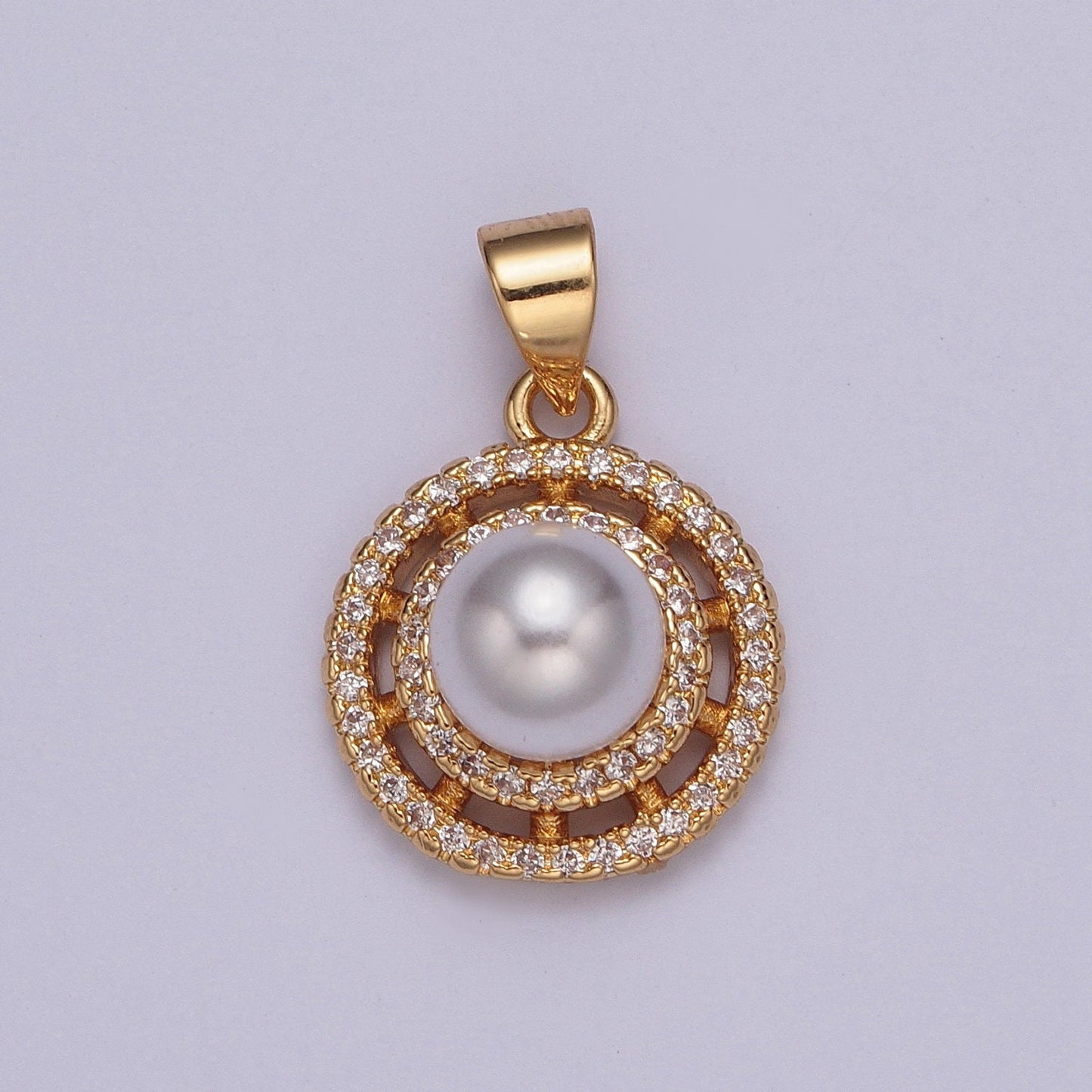 24K Gold Plated Dainty Elegant Pearl on Wheel Micro Pave CZ Ball Charm for Bracelet Necklace Component | X-408