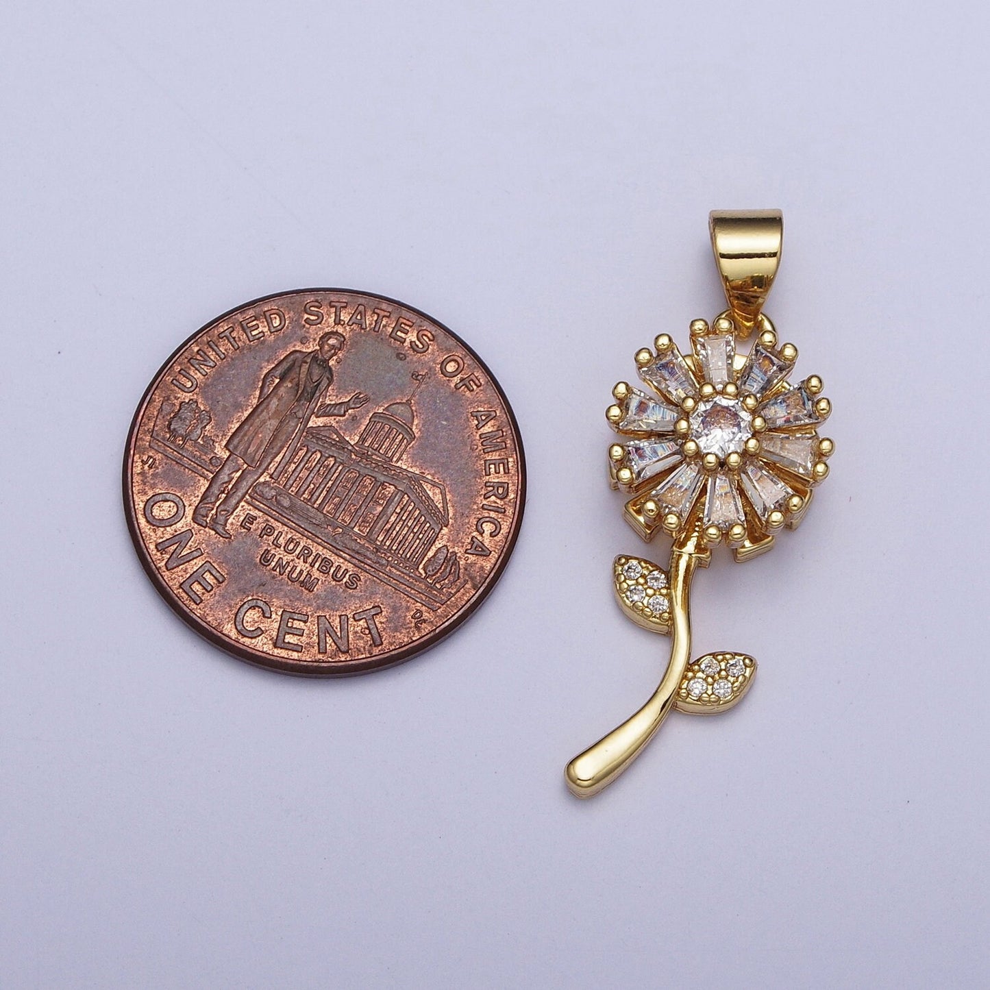 Gold Daisy Flower Pendant, 24k Gold Plated Floral Micro Pave Clear CZ Stone Charm, One Stem Baguette Stone Florette Pendant | X-476