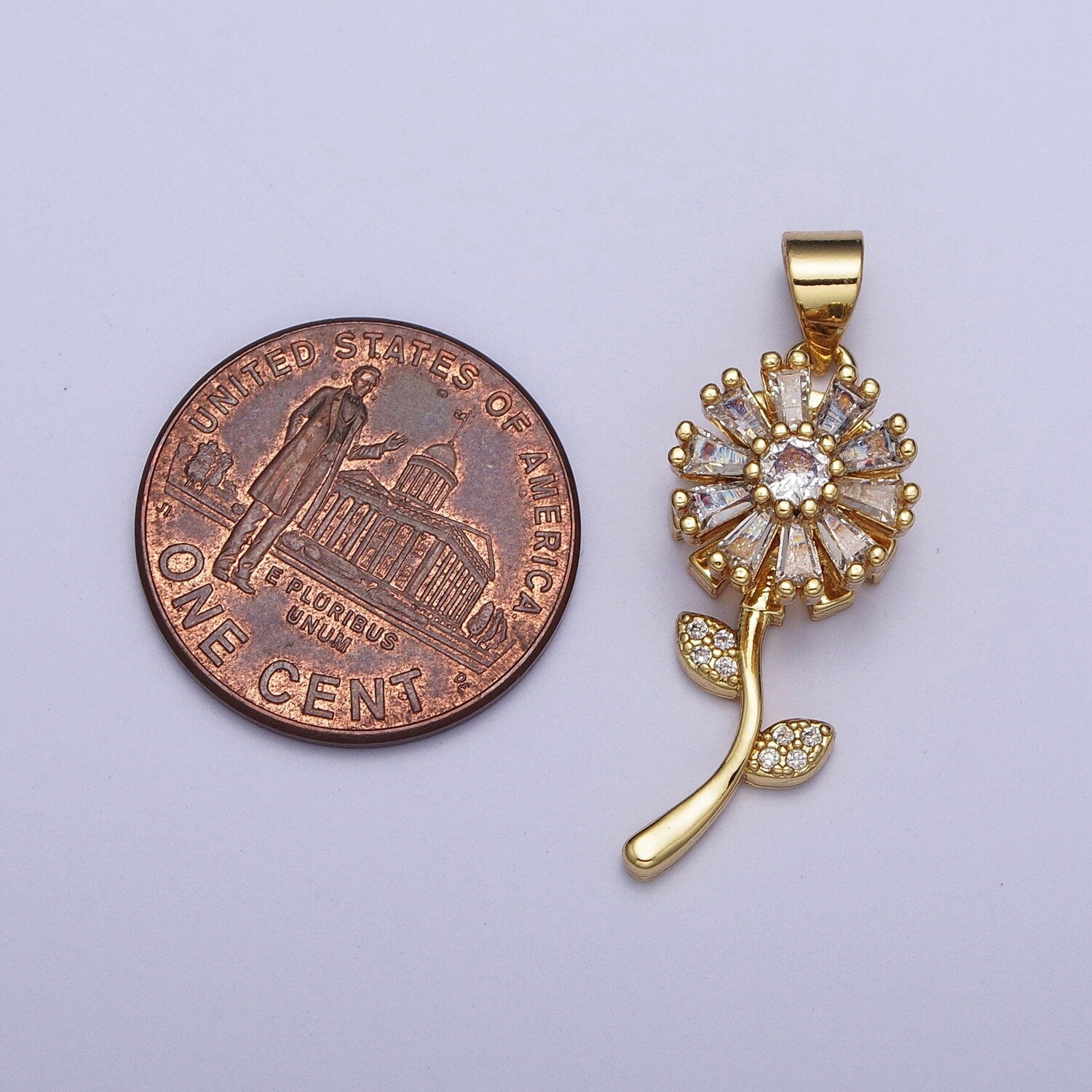 Gold Daisy Flower Pendant, 24k Gold Plated Floral Micro Pave Clear CZ Stone Charm, One Stem Baguette Stone Florette Pendant | X-476