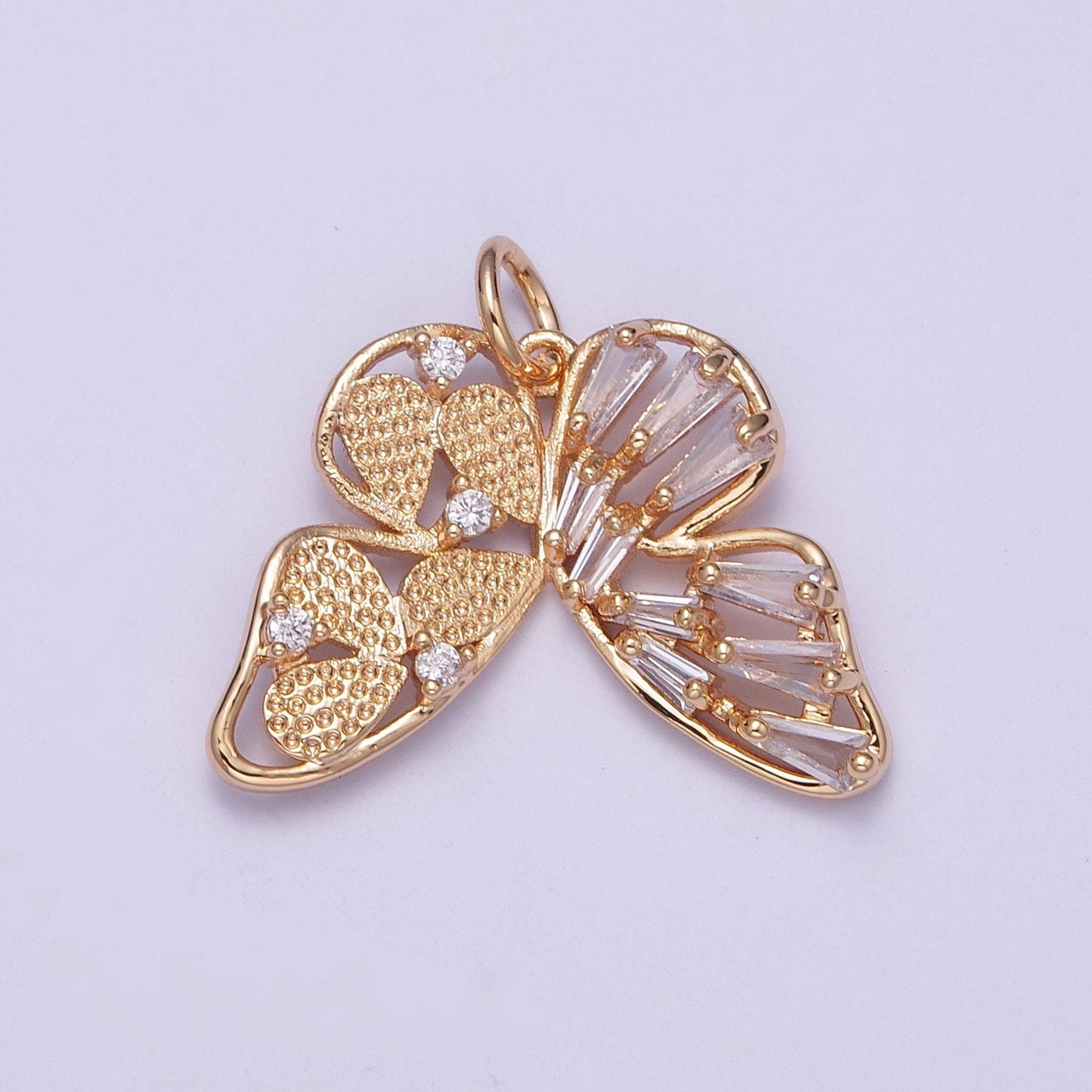 14K Gold Plated Dainty Upside Down Gold Butterfly Pendant with Clear CZ Baguette Stone Mariposa Charm | X-174