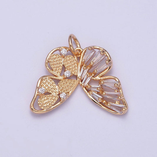 14K Gold Plated Dainty Upside Down Gold Butterfly Pendant with Clear CZ Baguette Stone Mariposa Charm | X-174