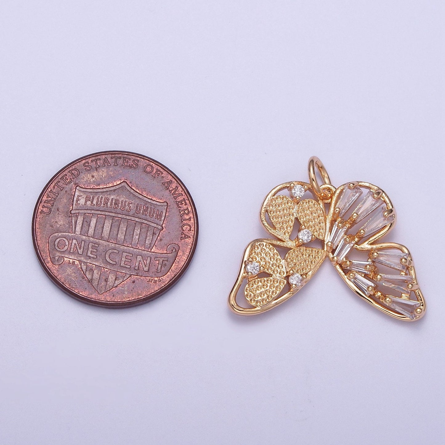 14K Gold Plated Dainty Upside Down Gold Butterfly Pendant with Clear CZ Baguette Stone Mariposa Charm | X-174