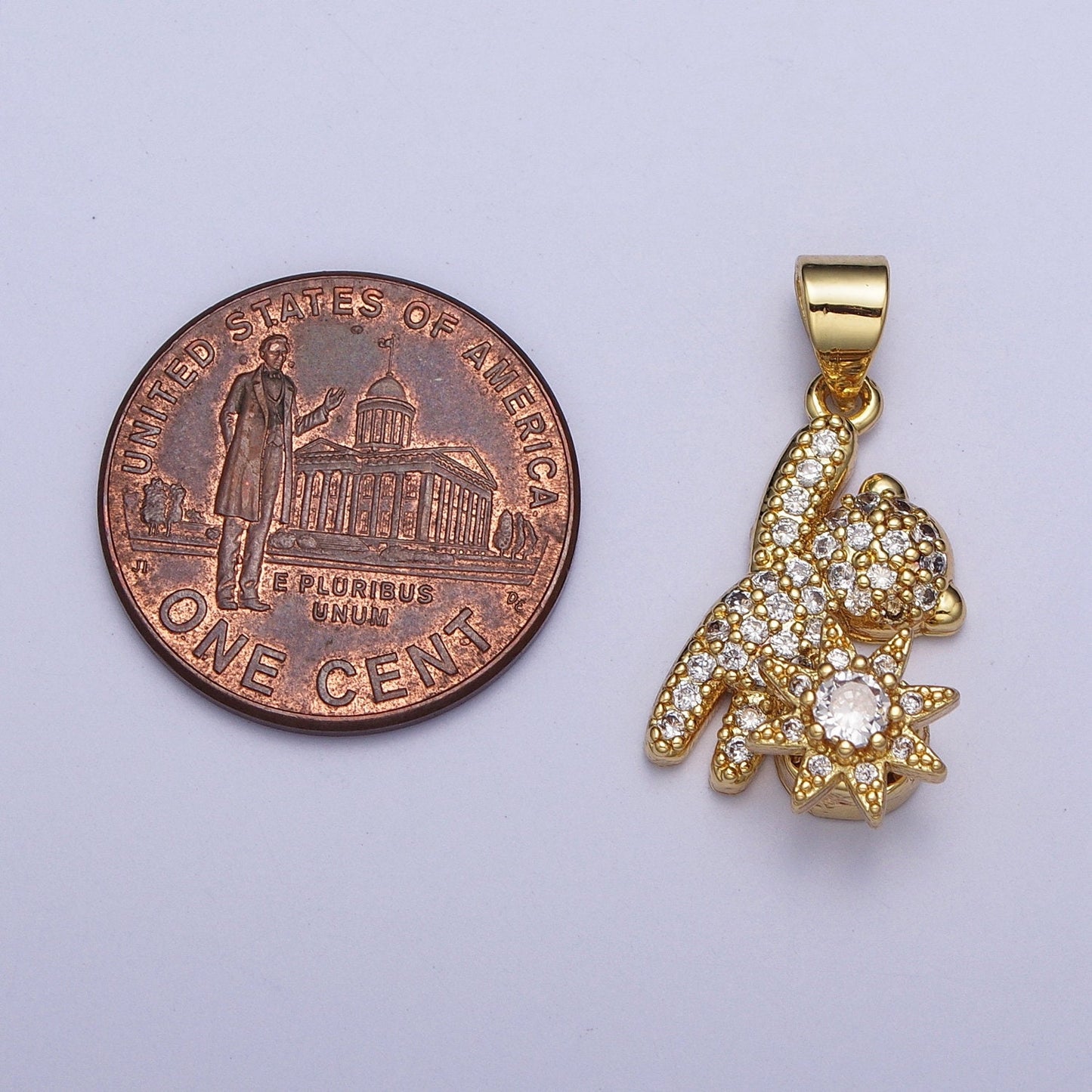 Cute Teddy Bear w. Sun Charm, Clear Cubic Zirconia Micro Pave CZ Bear Pendant, 24K Gold Plated Teddy Bear Sun Celestial Charm | X-478
